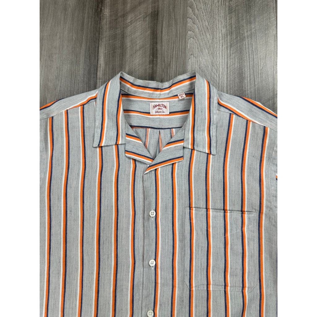 Hamilton Made in America Linen Blend Striped Camp Shirt in Gray with White Orange and Navy — Size XL // Preowned