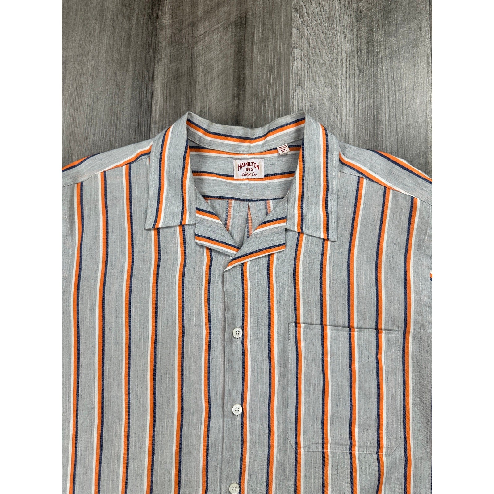 Hamilton Made in America Linen Blend Striped Camp Shirt in Gray with White Orange and Navy — Size XL // Preowned