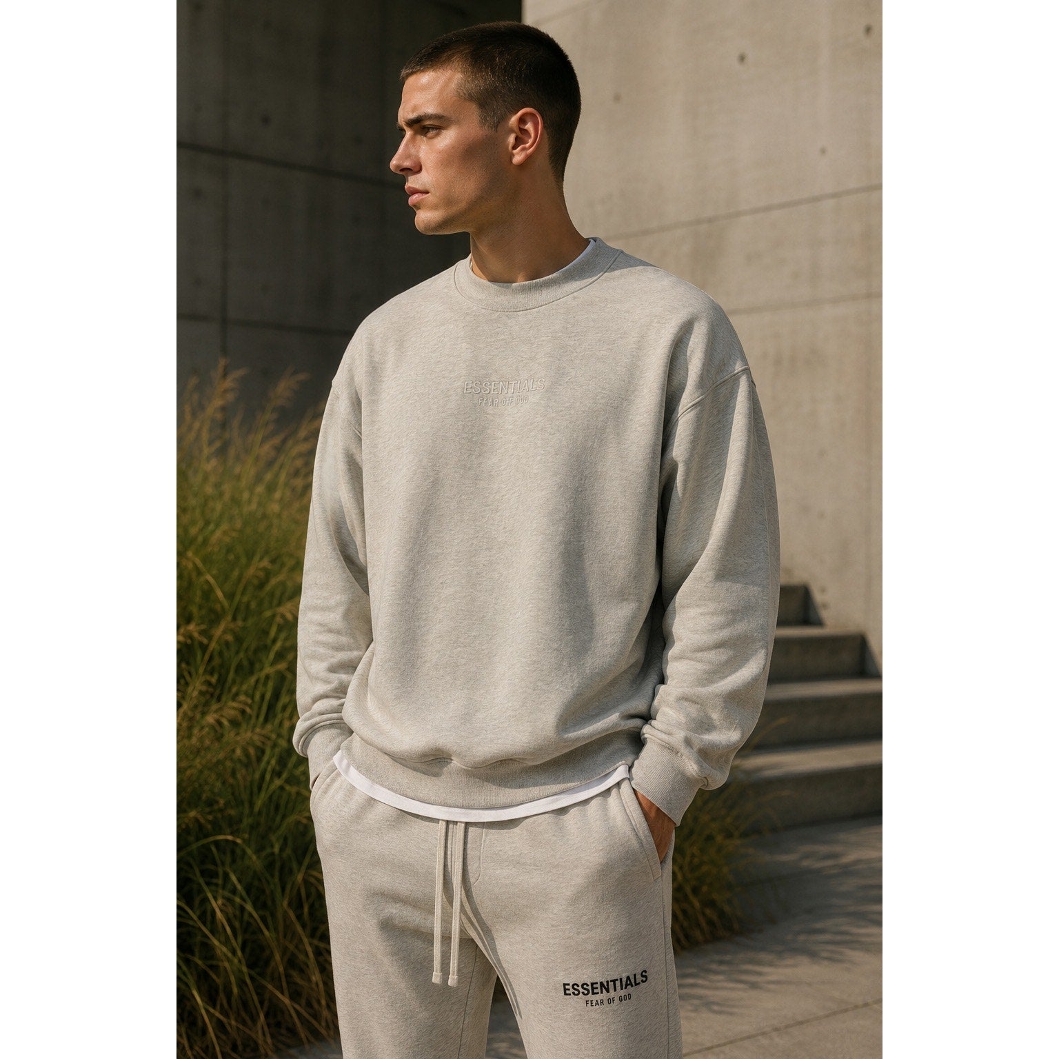 Fear of God Essentials Classic Fit Fleece Crewneck Sweatshirt in Light Heather Oatmeal Tan — Size Large // Preowned