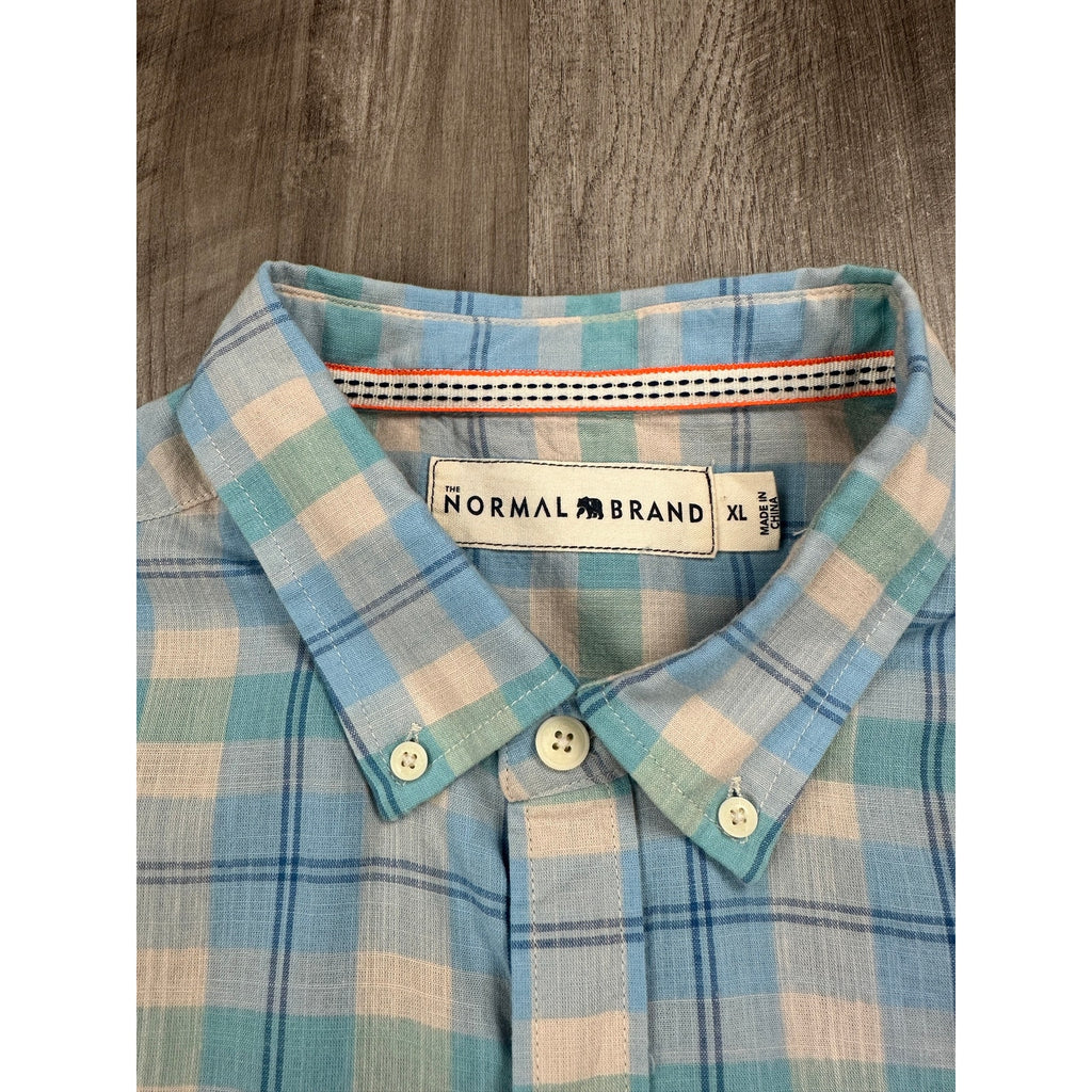 The Normal Brand Plaid Long Sleeve Button Down in Light Blue Light Green Cream and Light Navy — Size XL // Preowned