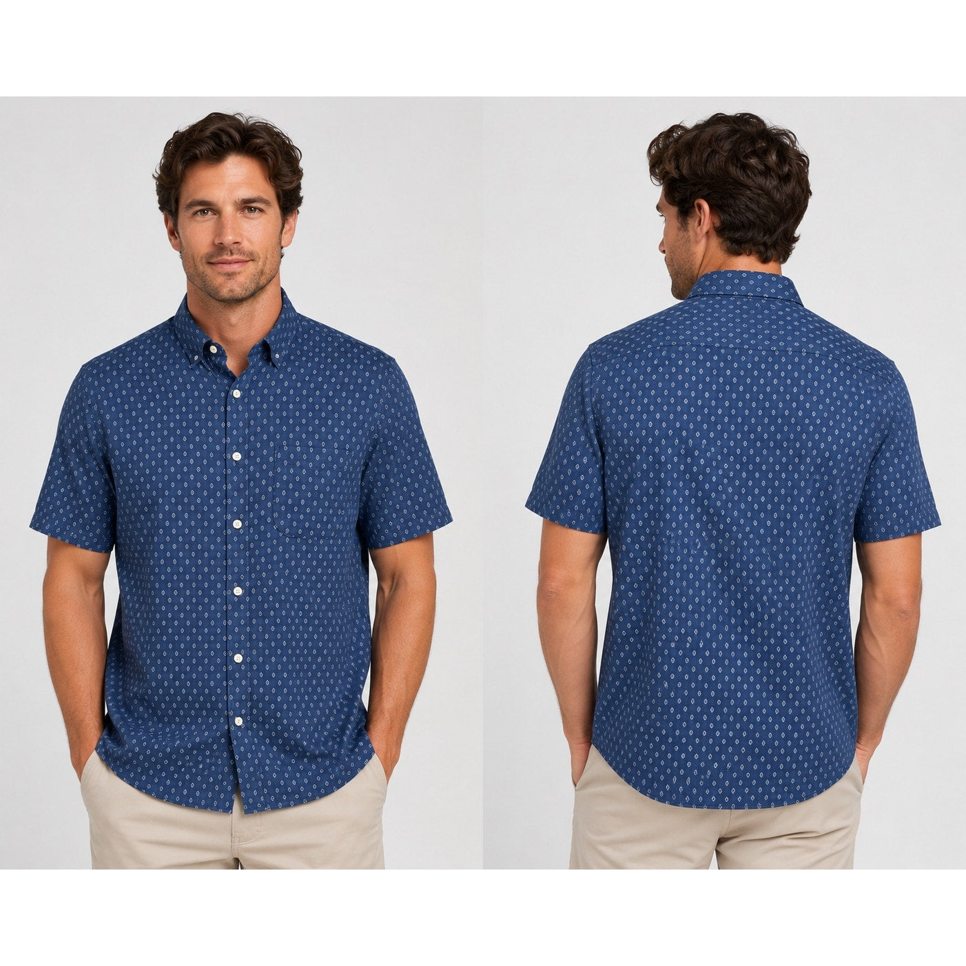 Faherty Movement Monterey Short Sleeve Button Down in Navy Dusk Diamond — Size Large // Preowned