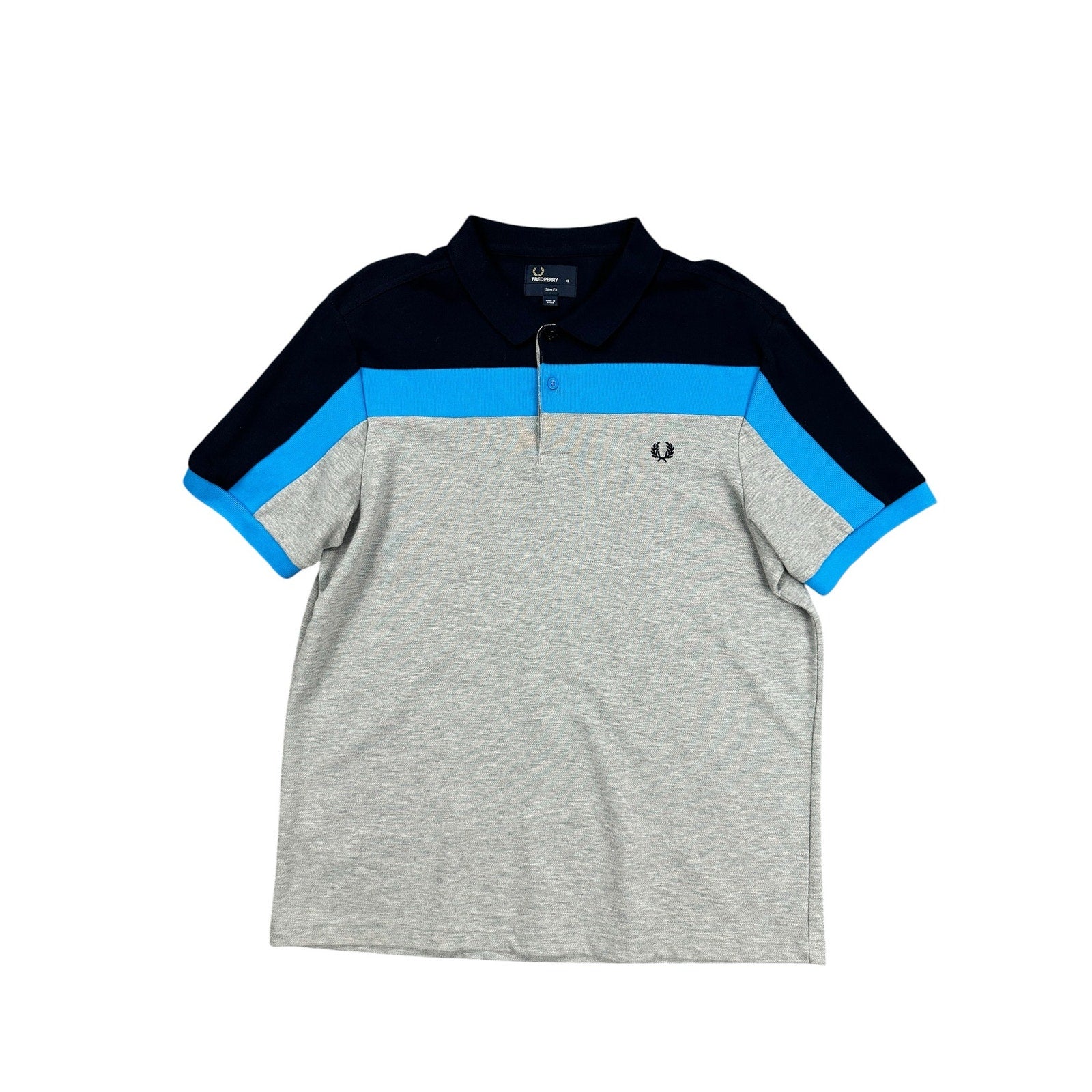 Fred Perry Slim Fit Colorblock Pique Polo in Navy Blue Gray — Size XL // Preowned