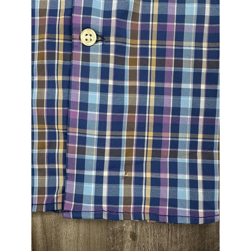 Peter Millar Summer Comfort Plaid Long Sleeve Shirt in Light Blue, Blue, Purple, Tan, White — Size Large // Preowned