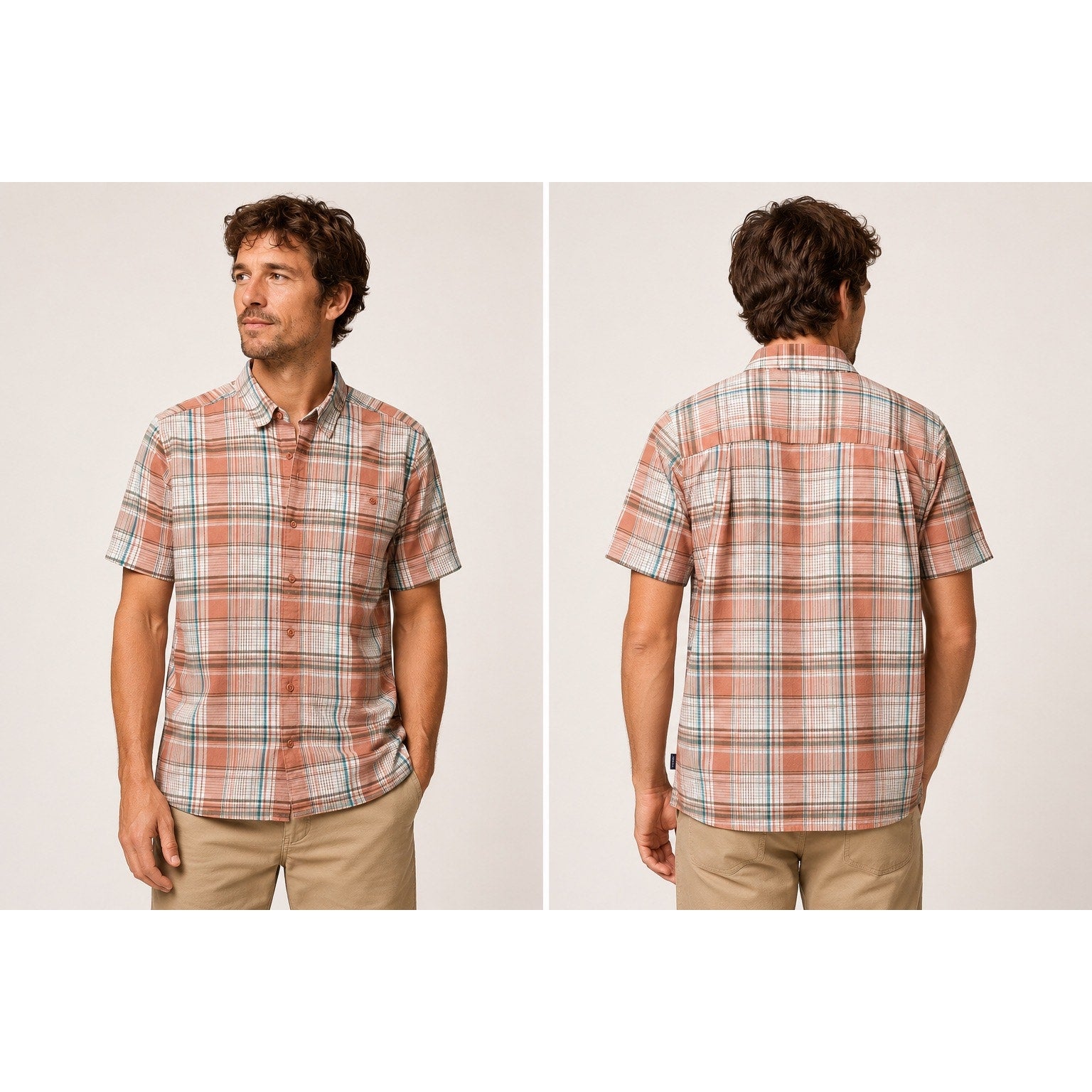 Patagonia Puckerwear Plaid Short Sleeve Button Down in Coral Teal Ivory — Size Medium // Preowned