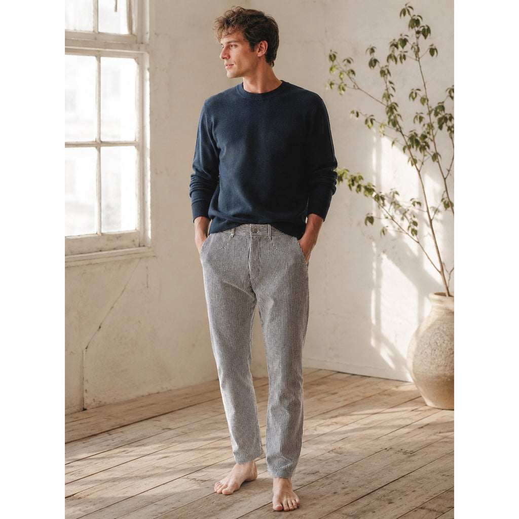 Alex Crane Cham Linen Feel Breezy Button Fly Lines Pants in Navy, Linen White — Size 28