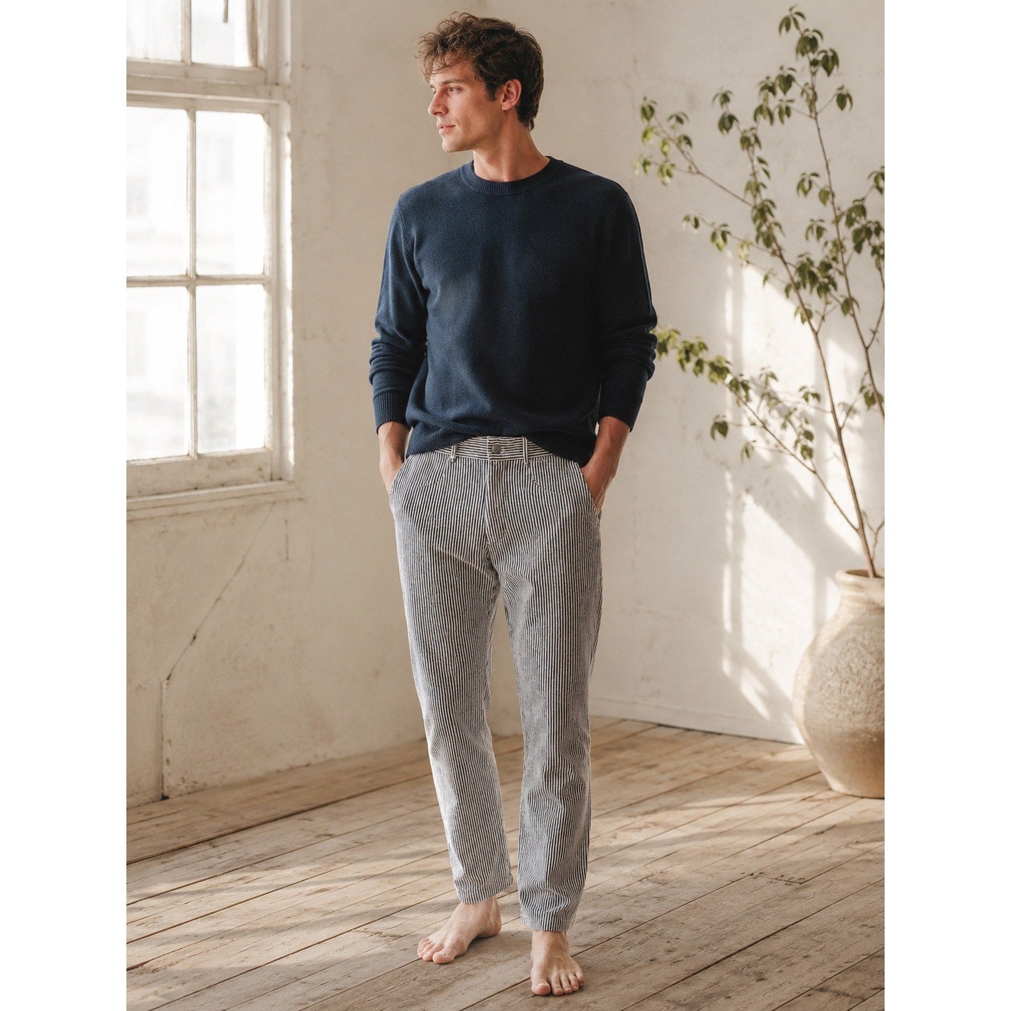 Alex Crane Cham Linen Feel Breezy Button Fly Lines Pants in Navy, Linen White — Size 28