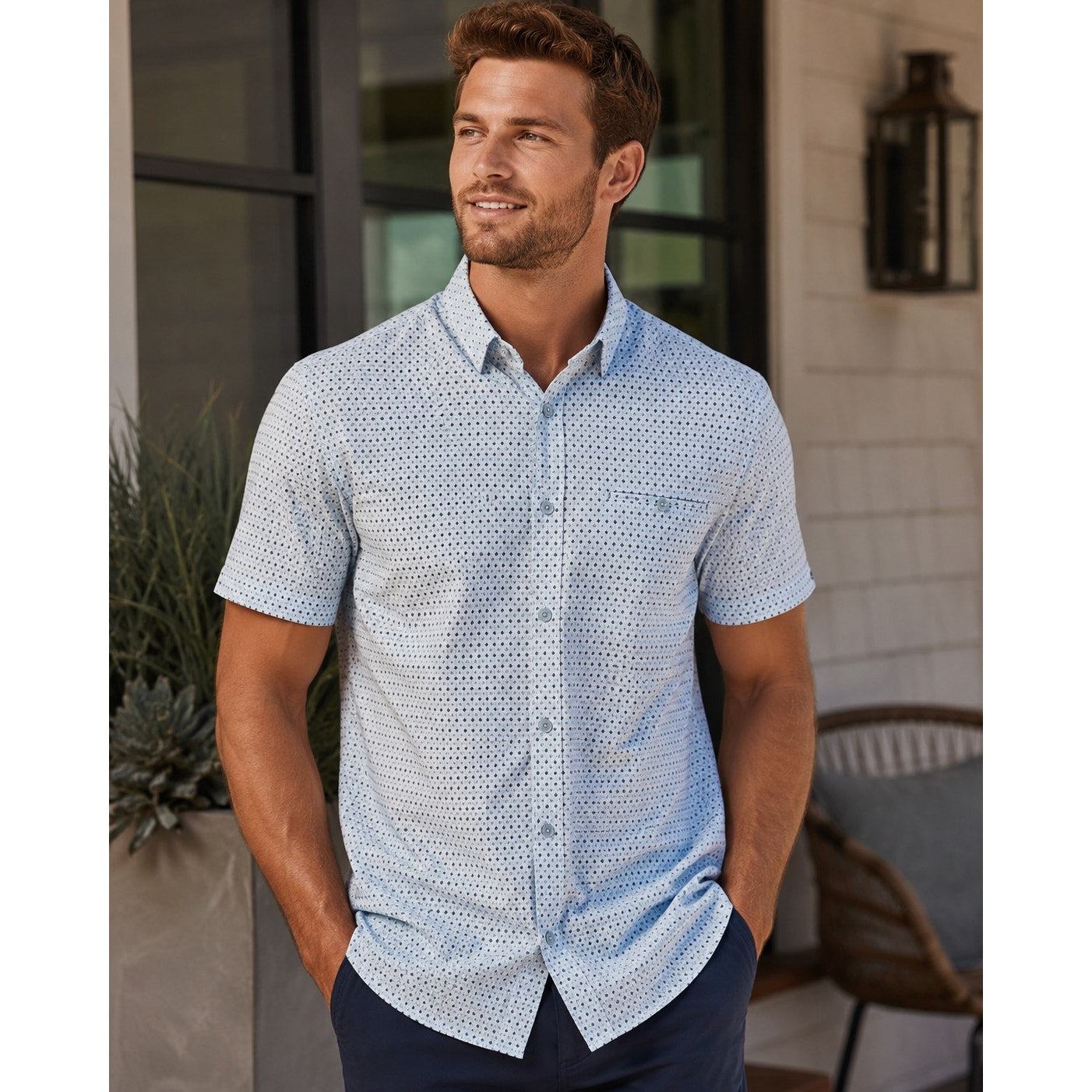 7 Diamonds Medina 4 Way Stretch Woven Short Sleeve Button Down in Light Blue — Size 3XL