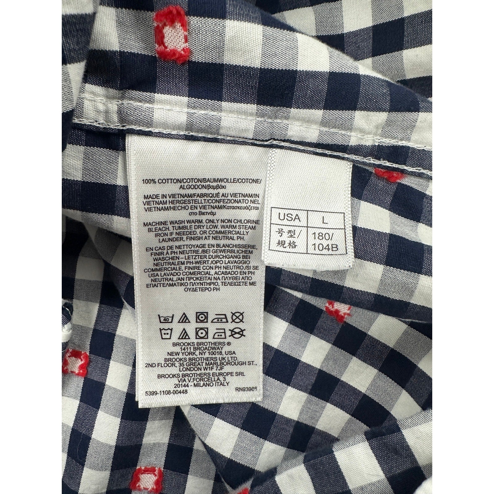 Brooks Brothers Regent Fit Gingham Crab Print Short Sleeve Shirt in Navy, White, Red — Size Large // Preowned