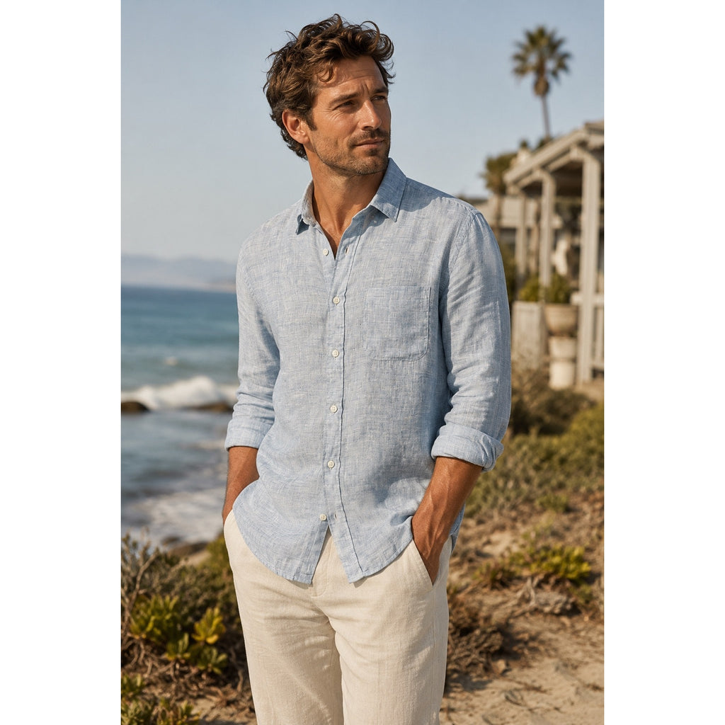 Faherty Laguna Linen Long Sleeve Shirt in Light Blue — Size Medium // Preowned