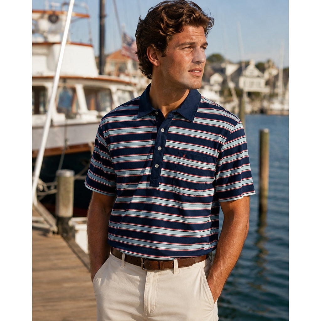 Criquet Striped Players Pocket Polo in Navy, Red, Seafoam Green — Size Medium // Preowned
