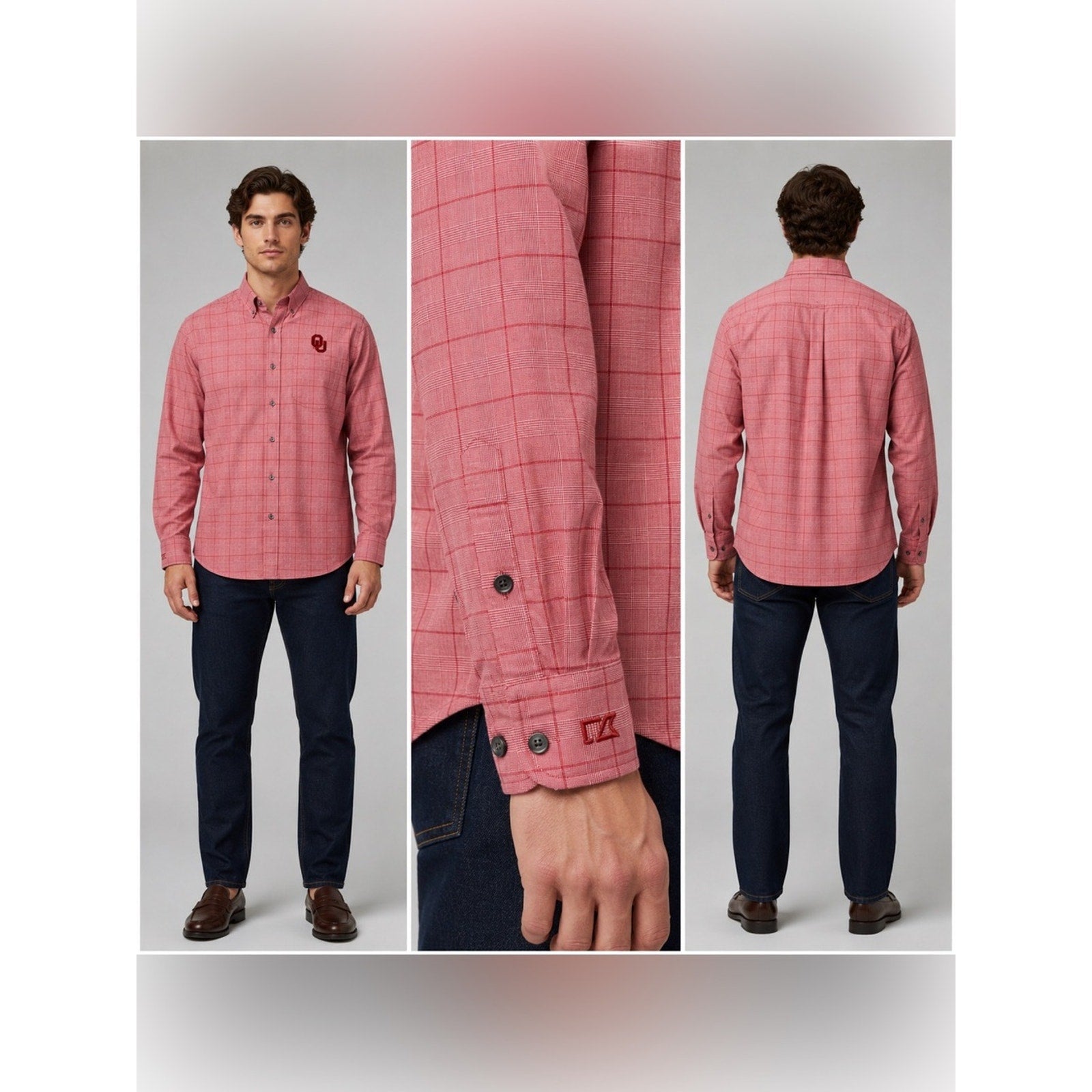 Oklahoma Sooners Cutter & Buck Red Plaid Long Sleeve Button Down - Large