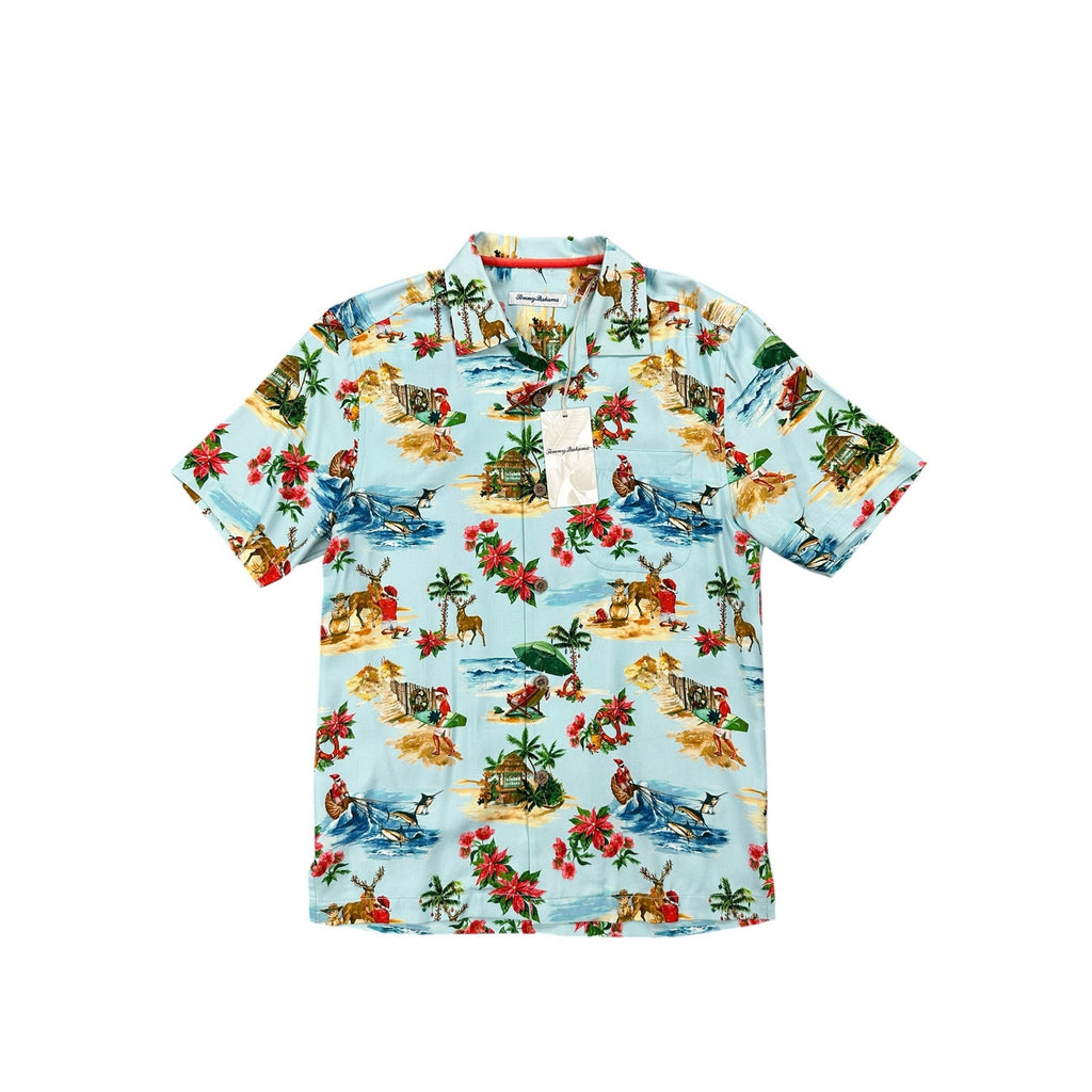 Tommy Bahama Santa Shores Tropical Hawaiian Christmas Short Sleeve Button Down in Light Sky — Size XS