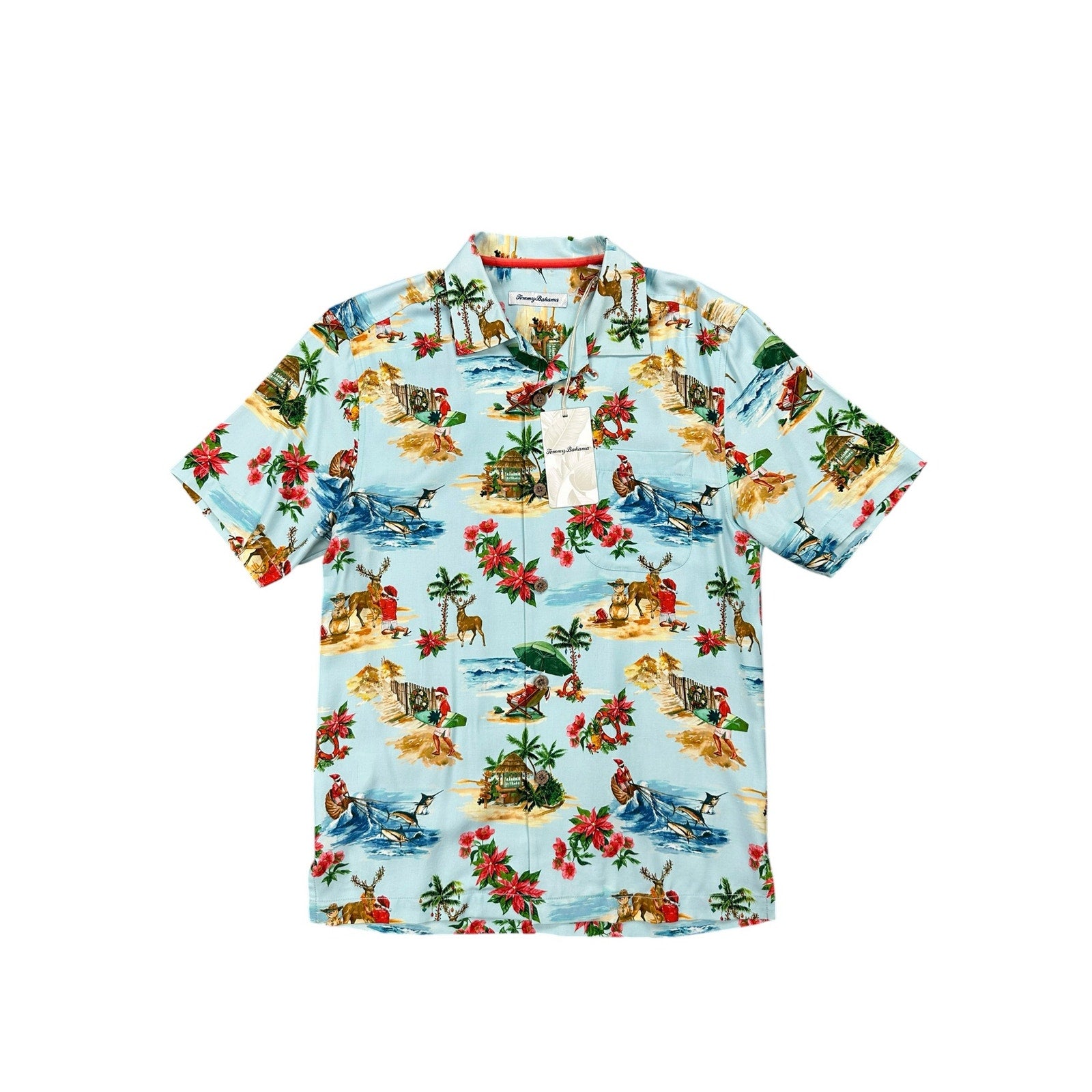 Tommy Bahama Santa Shores Tropical Hawaiian Christmas Short Sleeve Button Down in Light Sky — Size XS