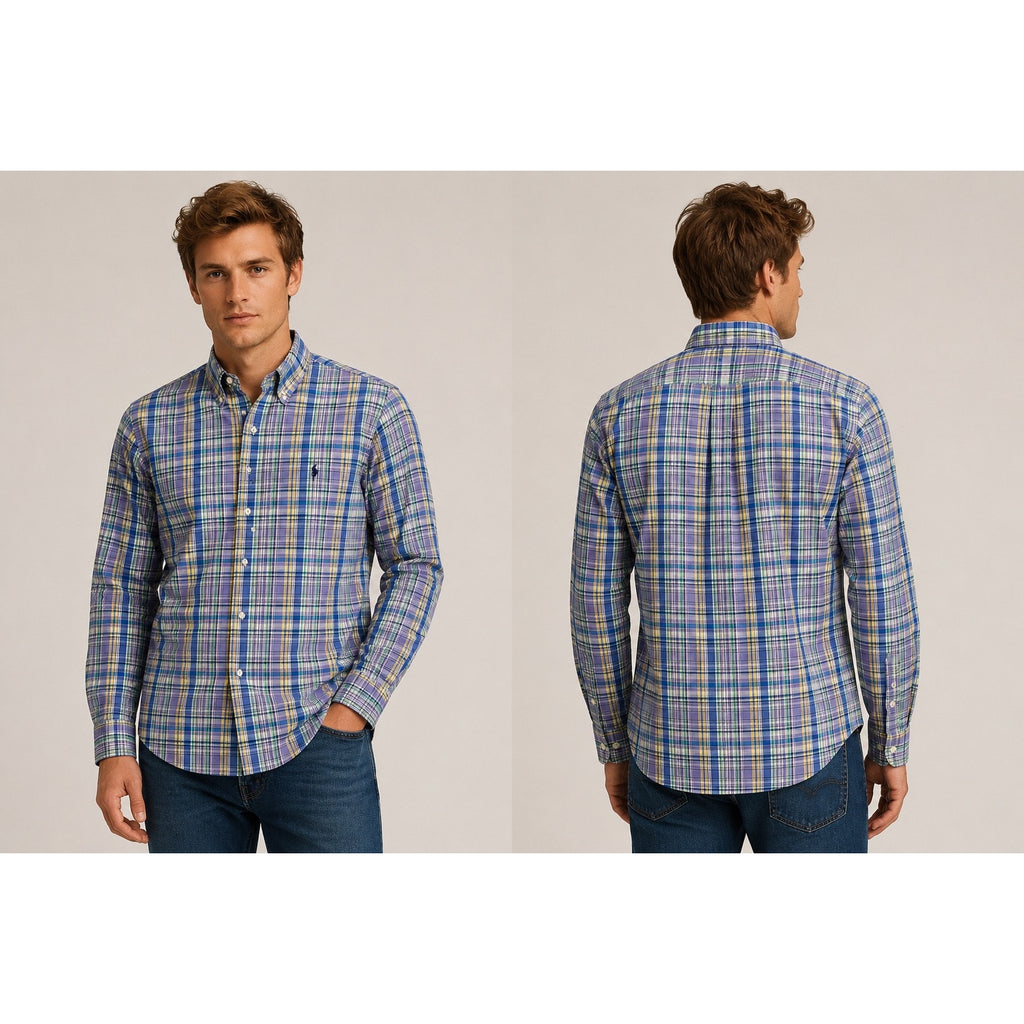 Polo Ralph Lauren Classic Fit Plaid Long Sleeve Button Down in Purple Blue Yellow Green White — Size Small // Preowned