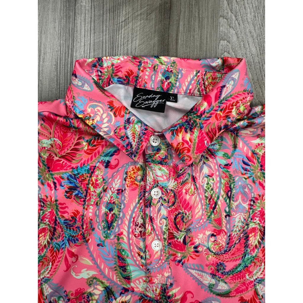 Sunday Swagger Bright Pink Paisley Golf Polo in Pink Multi — Size XL // Preowned