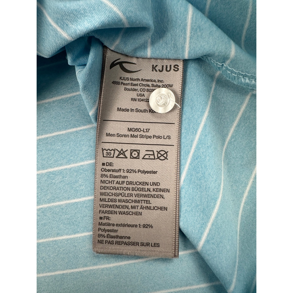KJUS Soren Melange Stripe Long Sleeve Polo in Poolside, White — Size 56 (2XL)