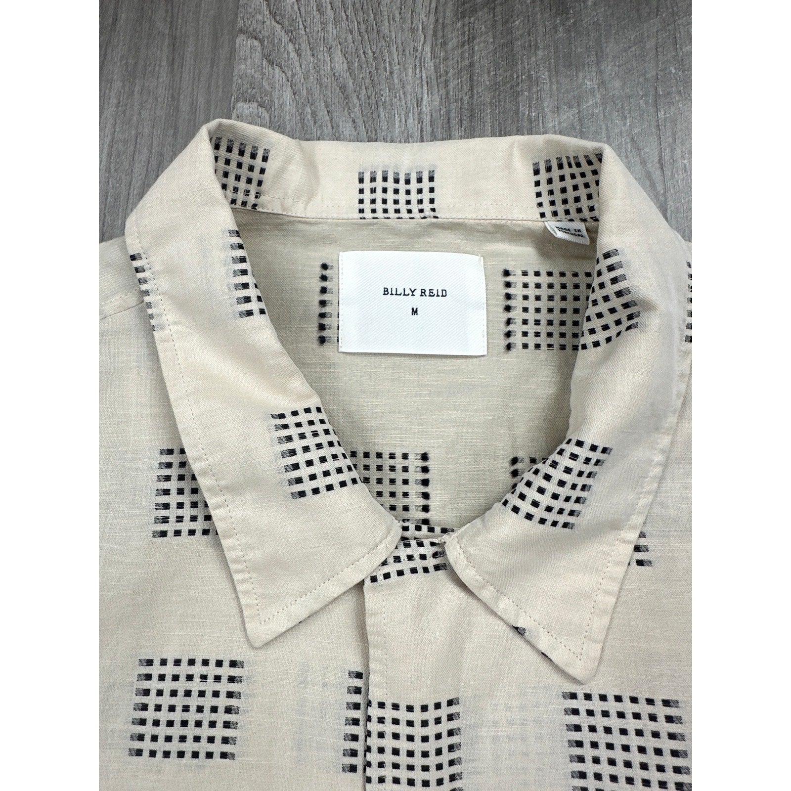 Billy Reid Short Sleeve Linen Blend Camp Shirt in Natural and Black — Size Medium // Preowned