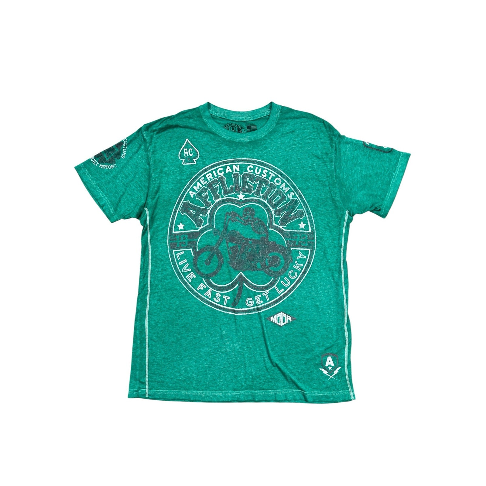 Affliction American Customs Live Fast Get Lucky Graphic Tee Green  — Size XL