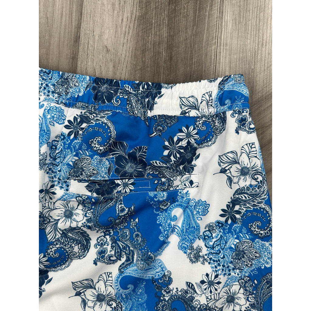 Robert Graham Floral Paisley Swim Trunks in Blue Navy and White — Size 2XL