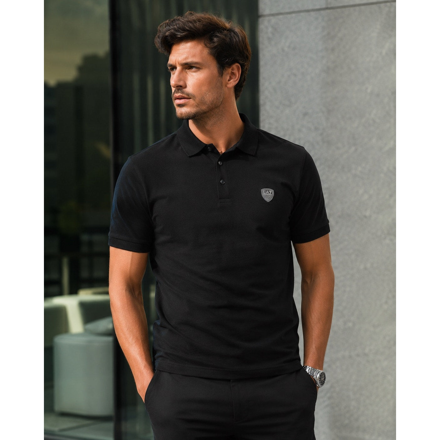 Emporio Armani EA7 Core Shield Collection Polo Shirt in Black — Size Medium