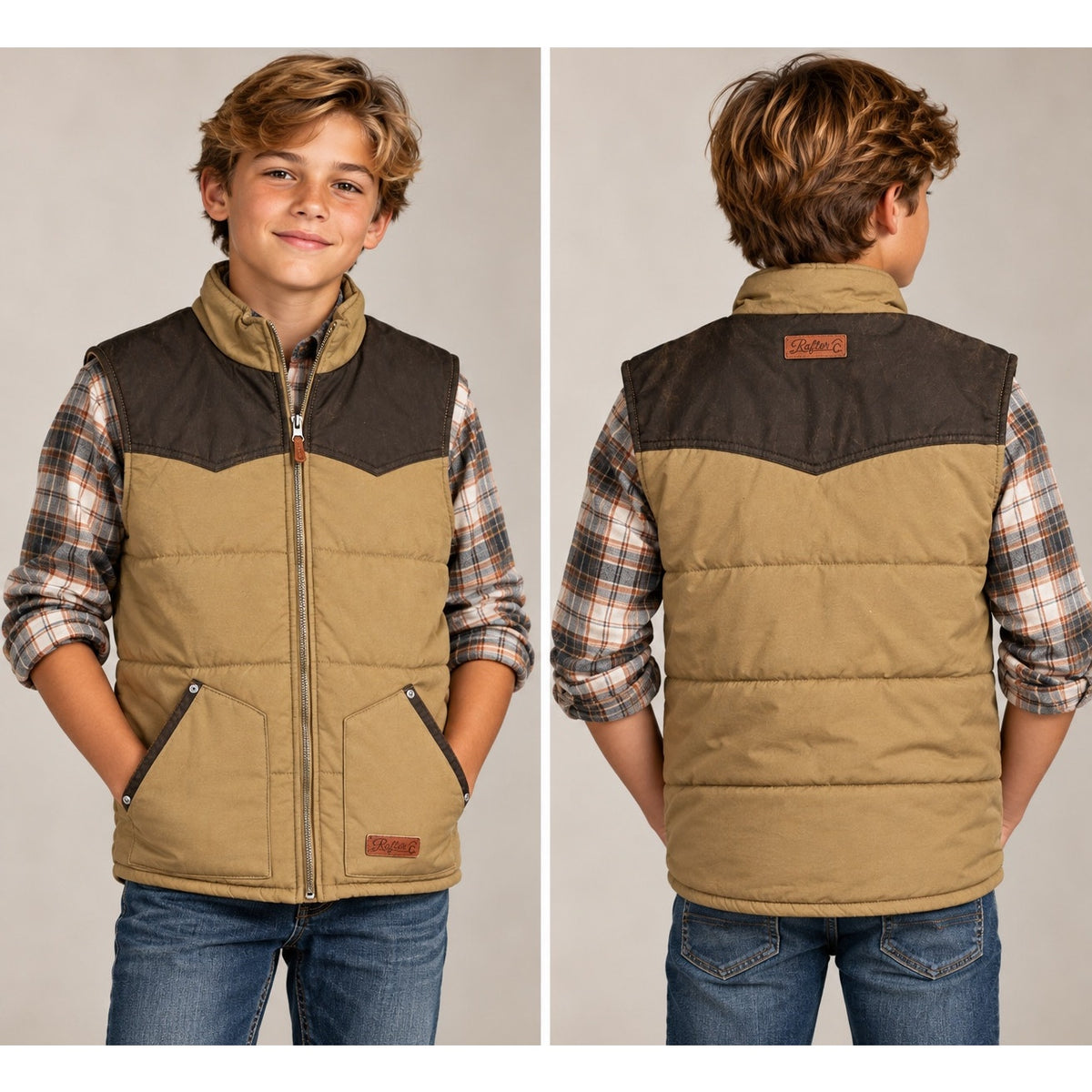 Rafter-C Boys' Camel with Chocolate Brown Yokes Quilted Western Vest — Size Boys XL