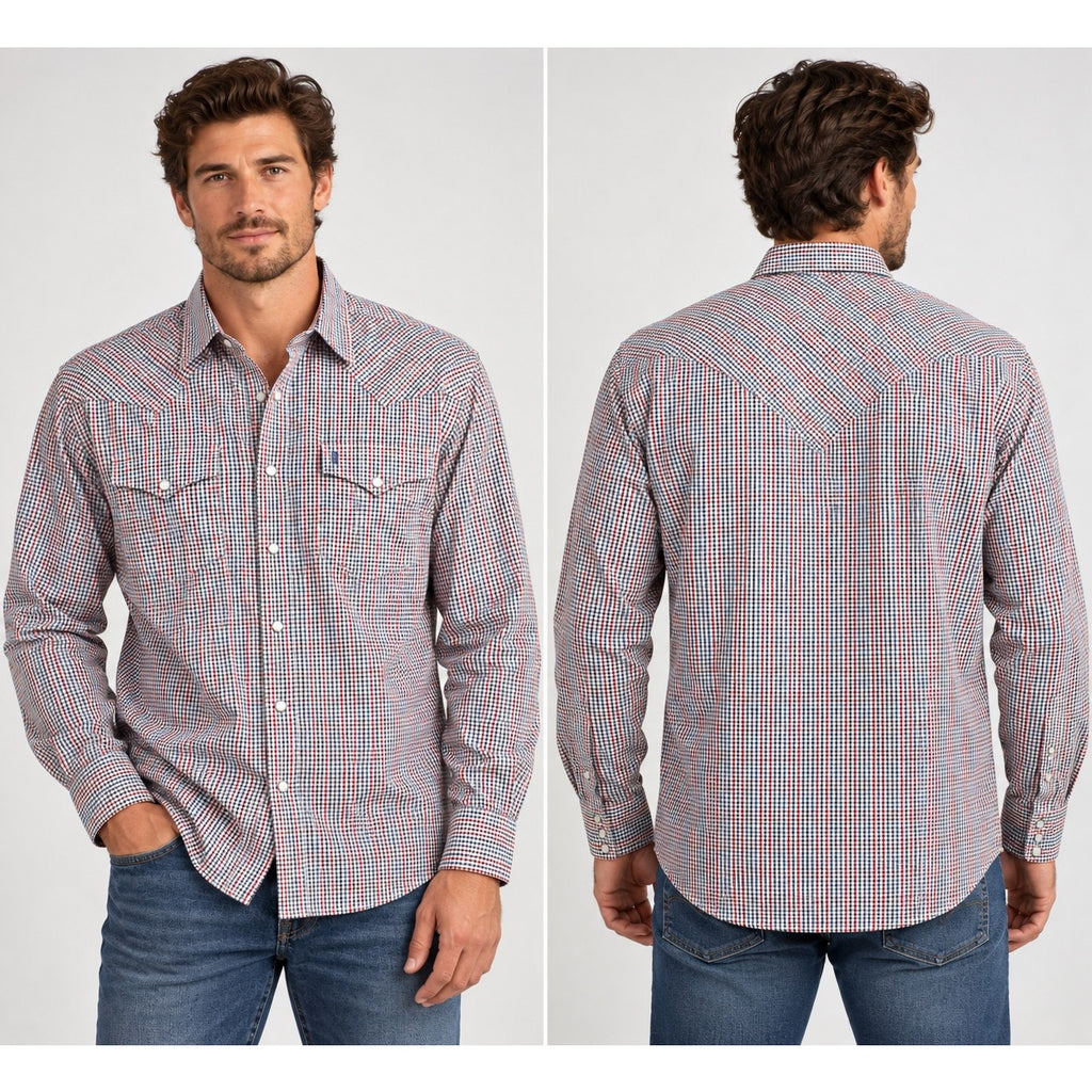 Stetson Western Patriotic Plaid Long Sleeve Pearl Snap Shirt — Size Medium // Preowned
