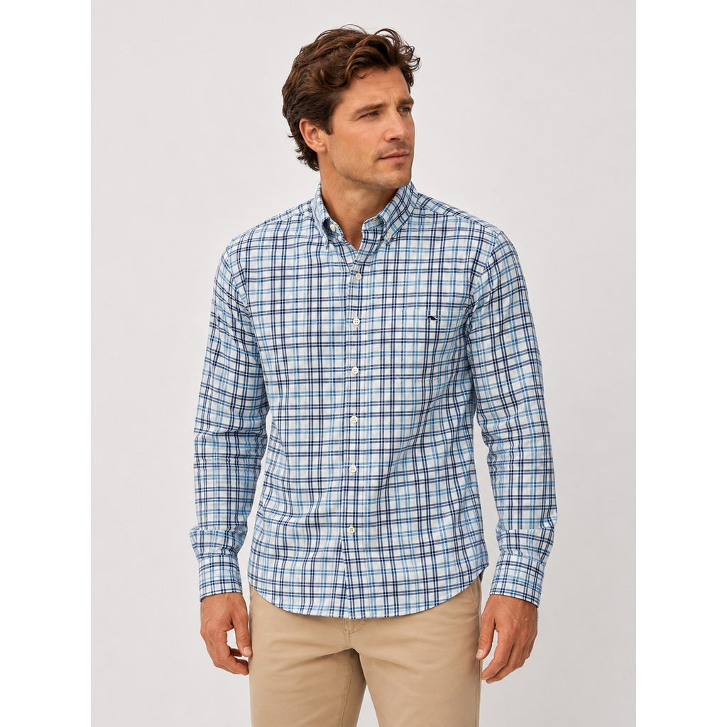 Vineyard Vines Slim Fit Tucker Shirt in Light Blue Navy White Plaid — Size Large
