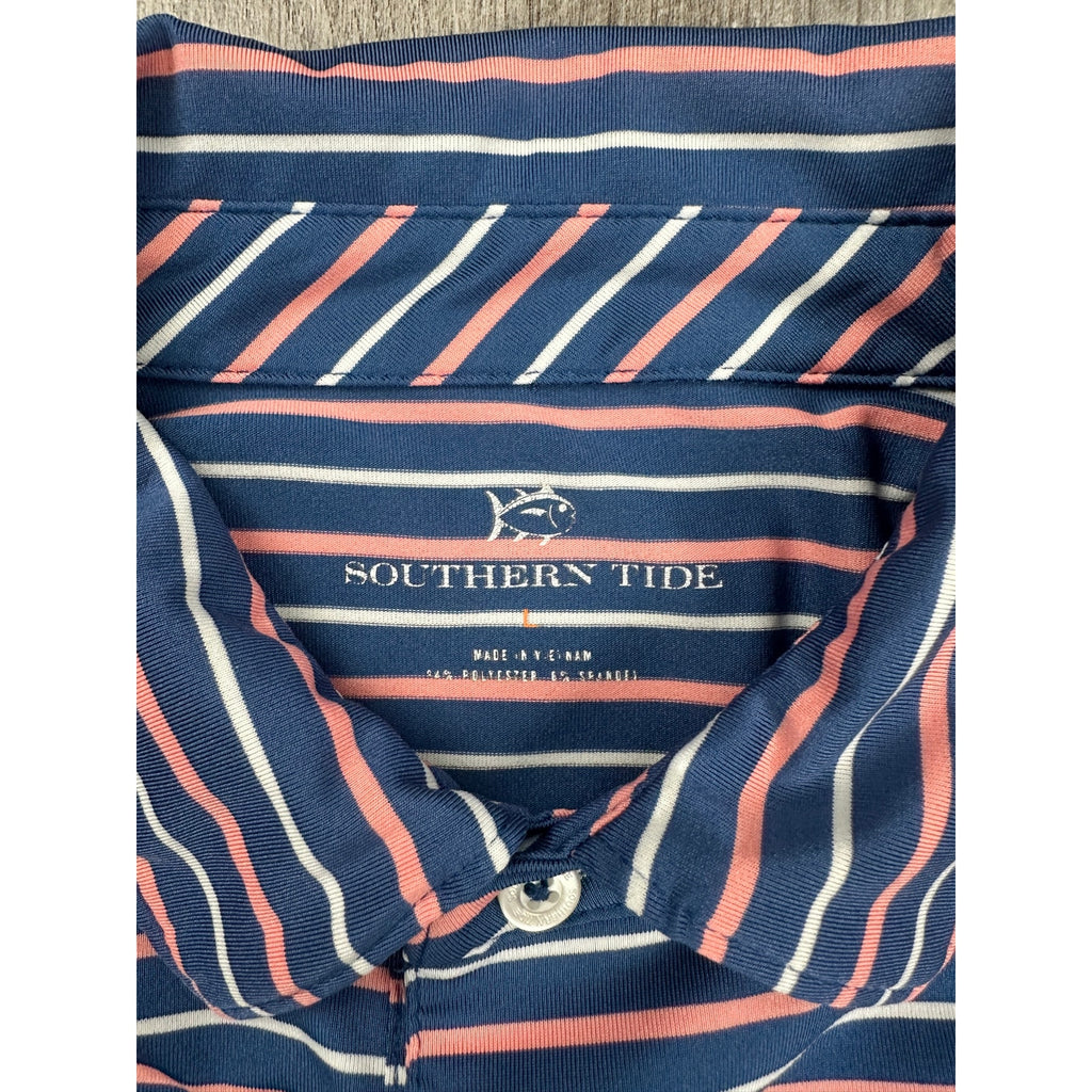 Southern Tide Driver Performance Stretch Striped Polo in Navy Coral White — Size Large