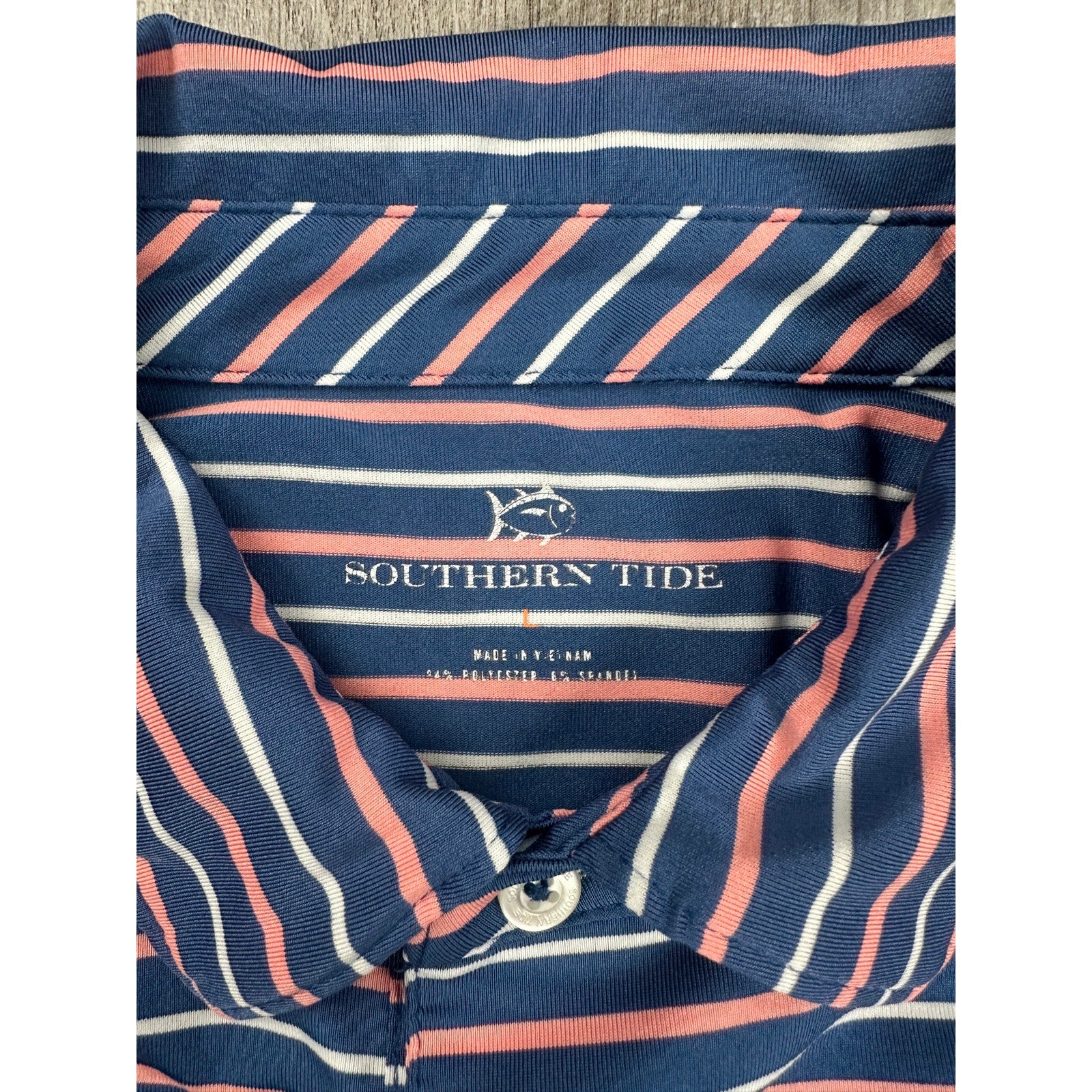 Southern Tide Driver Performance Stretch Striped Polo in Navy Coral White — Size Large