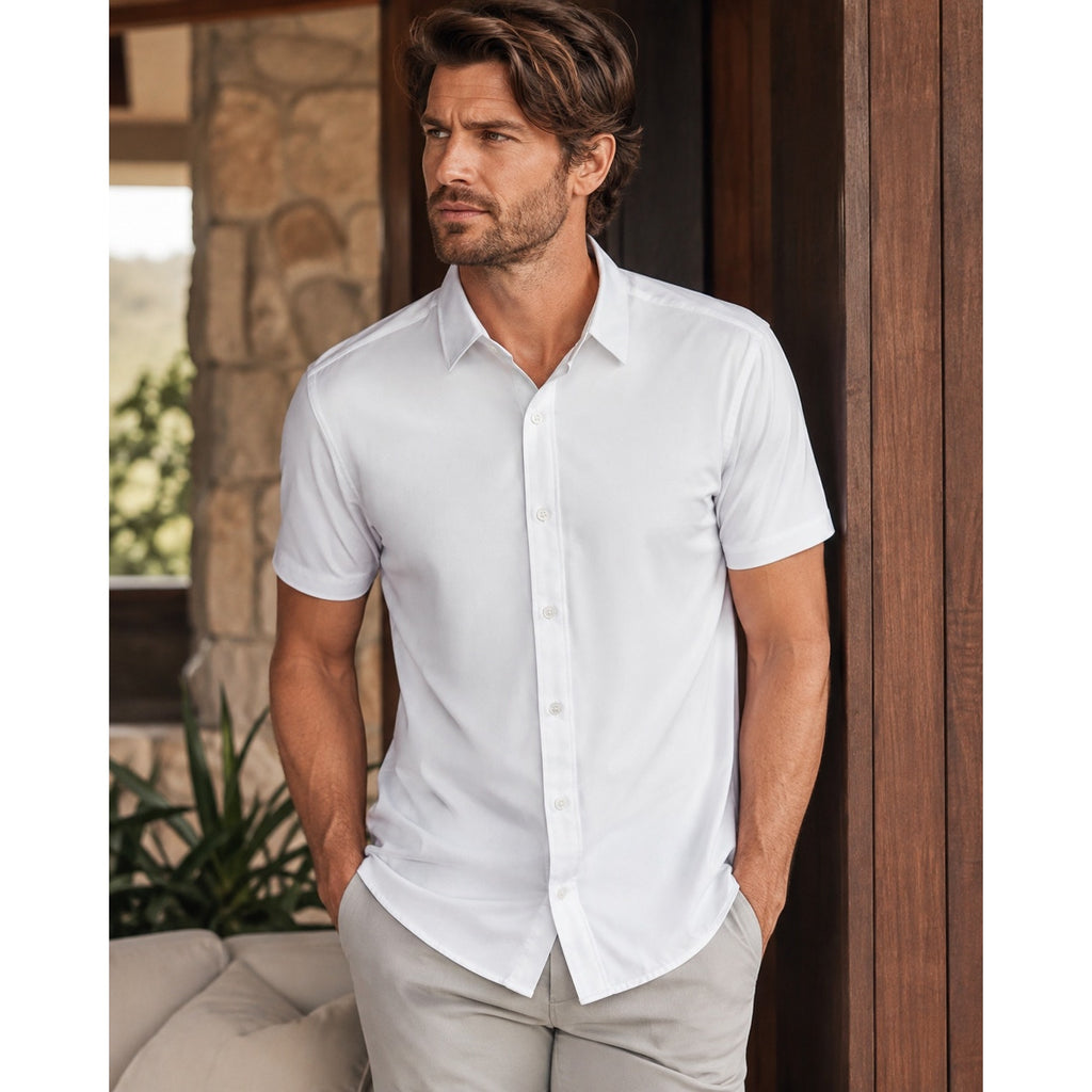 7 Diamonds Siena 4 Way Stretch Woven Short Sleeve Shirt in White — Size Medium