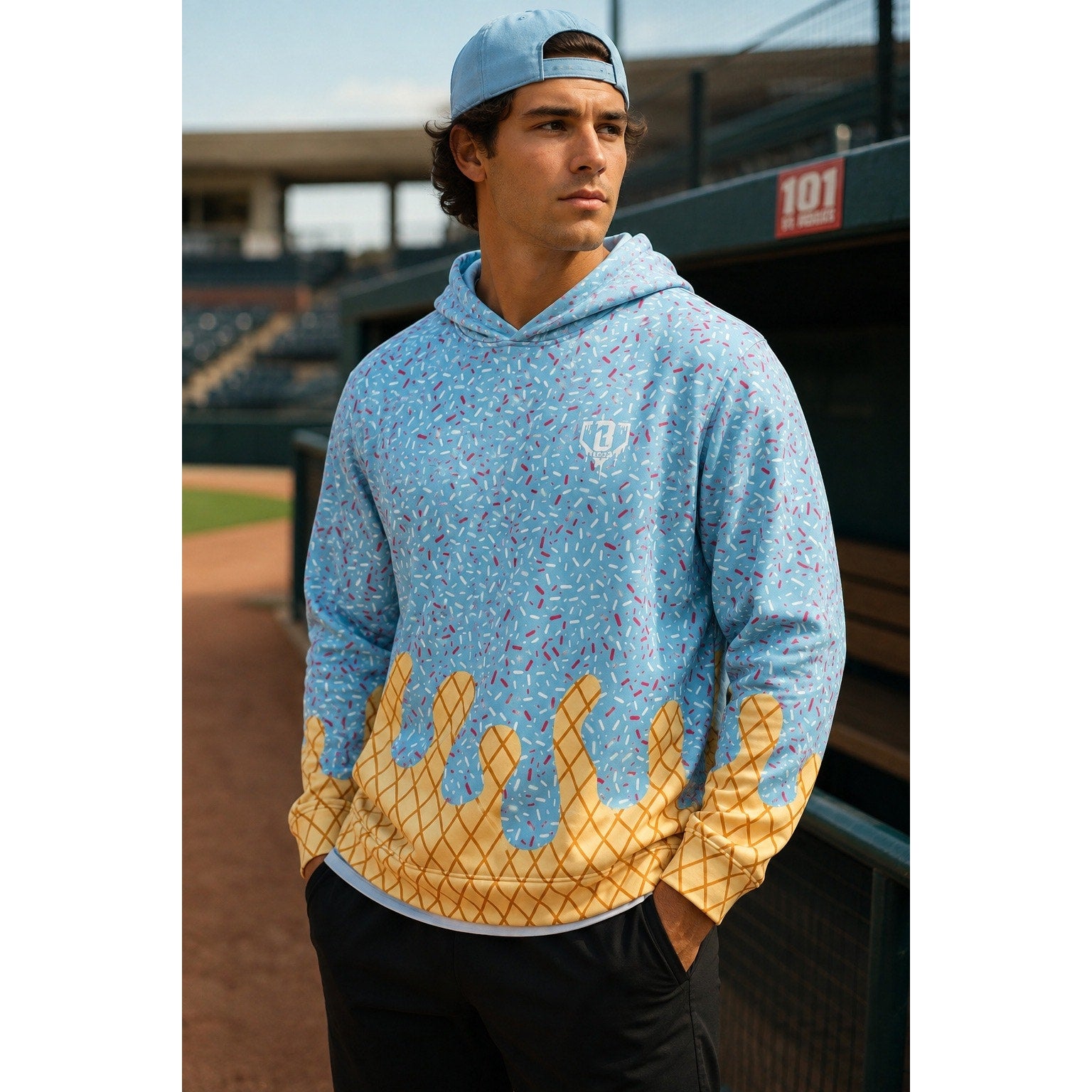 Baseball Lifestyle 101 Ice Cream Pullover Hoodie in Cotton Candy Blue — Size 2XL