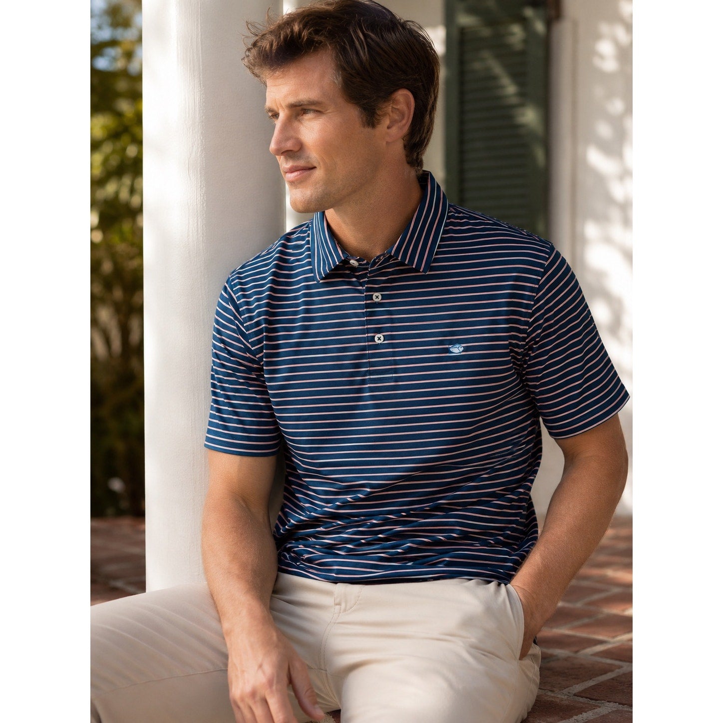 Southern Tide Driver Performance Stretch Striped Polo in Navy Coral White — Size Large