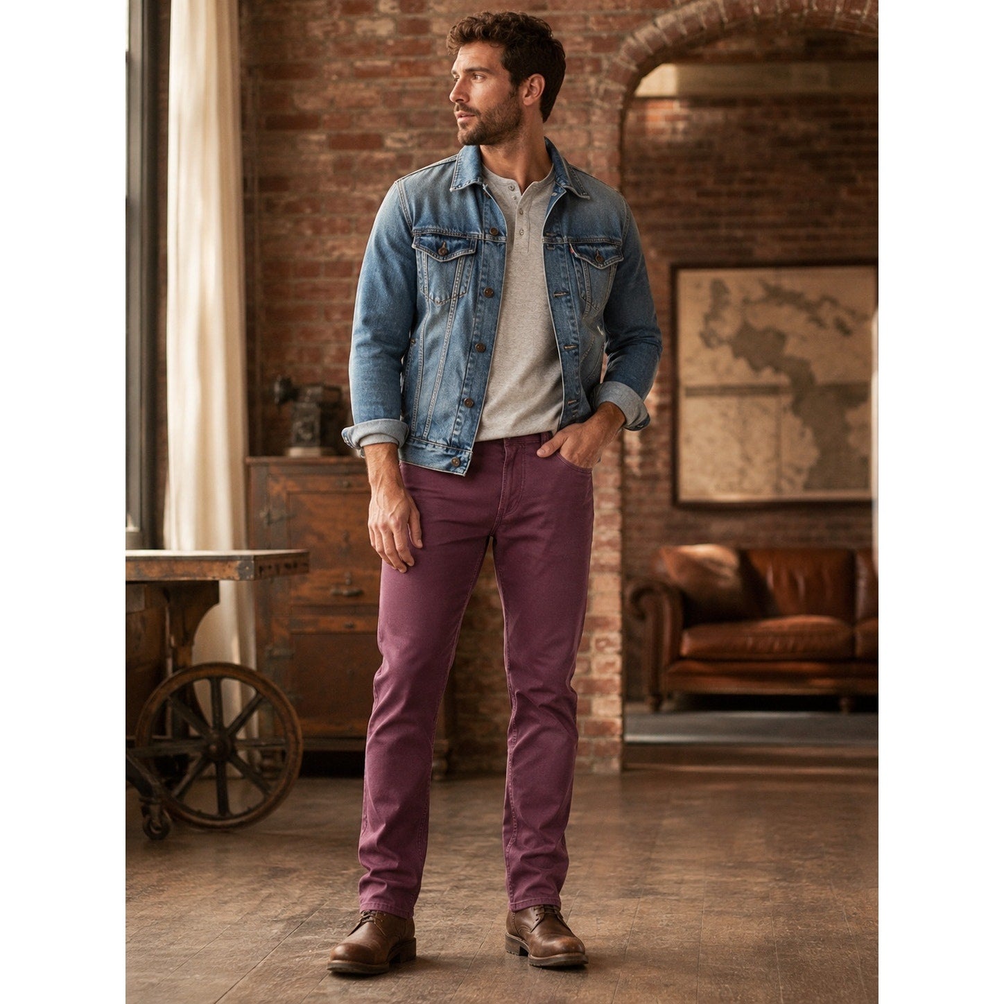 Buffalo David Bitton Six Straight Fit Burgundy Stretch Denim Jeans — 32x32