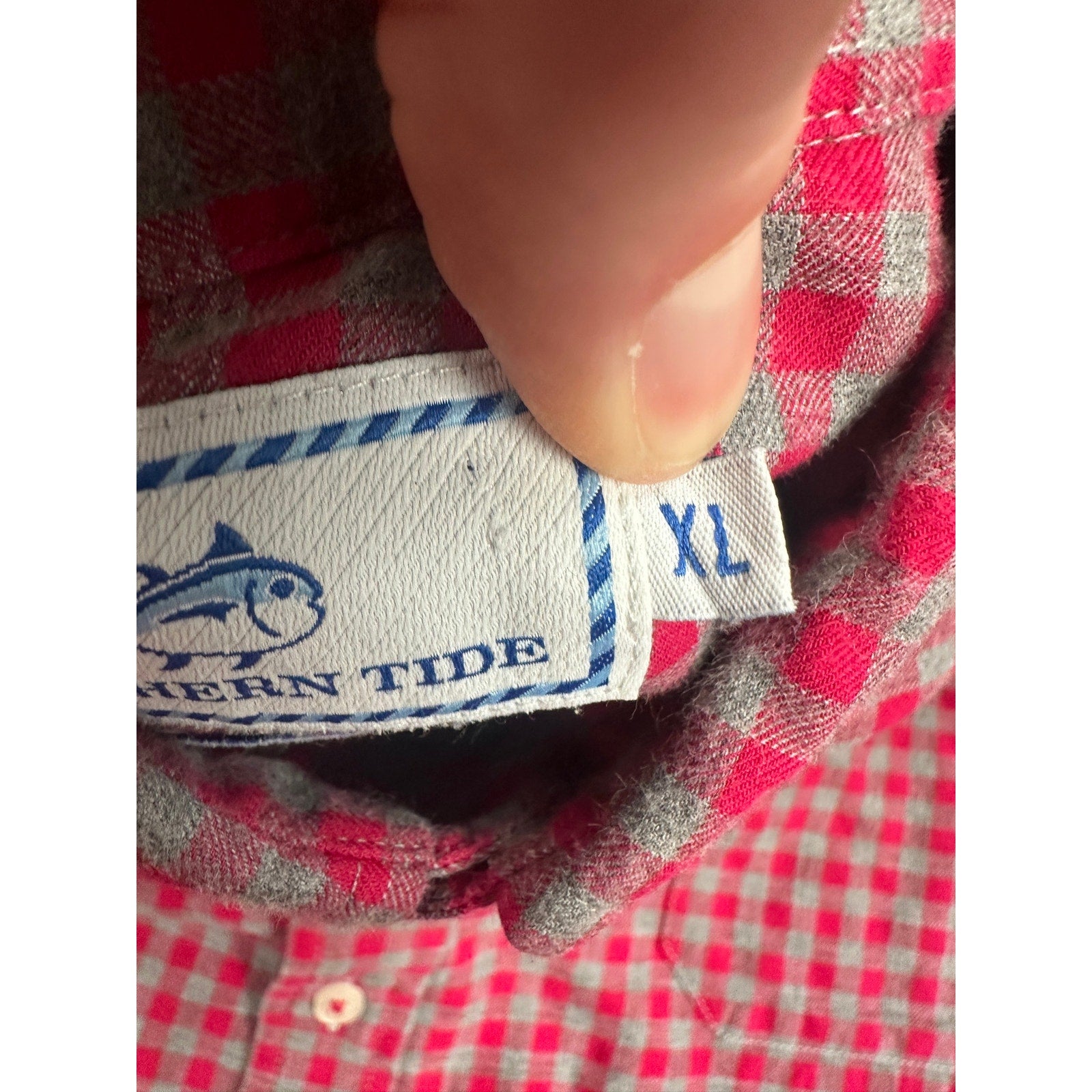 Southern Tide Classic Fit Gingham Check Button Down Shirt in Dark Pink Gray — Size XL