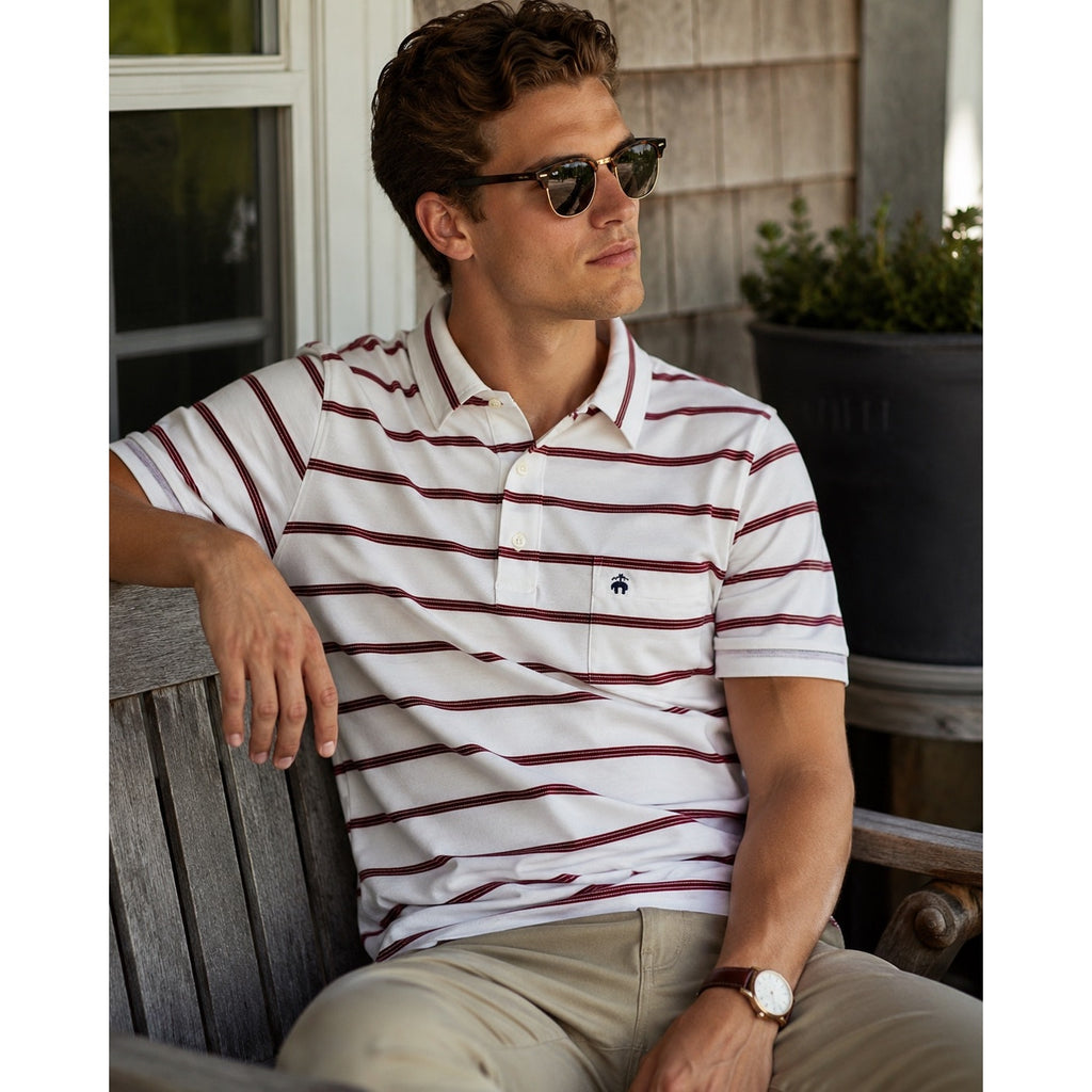 Brooks Brothers Slim Fit Striped Pique Polo in White, Red — Size 2XL