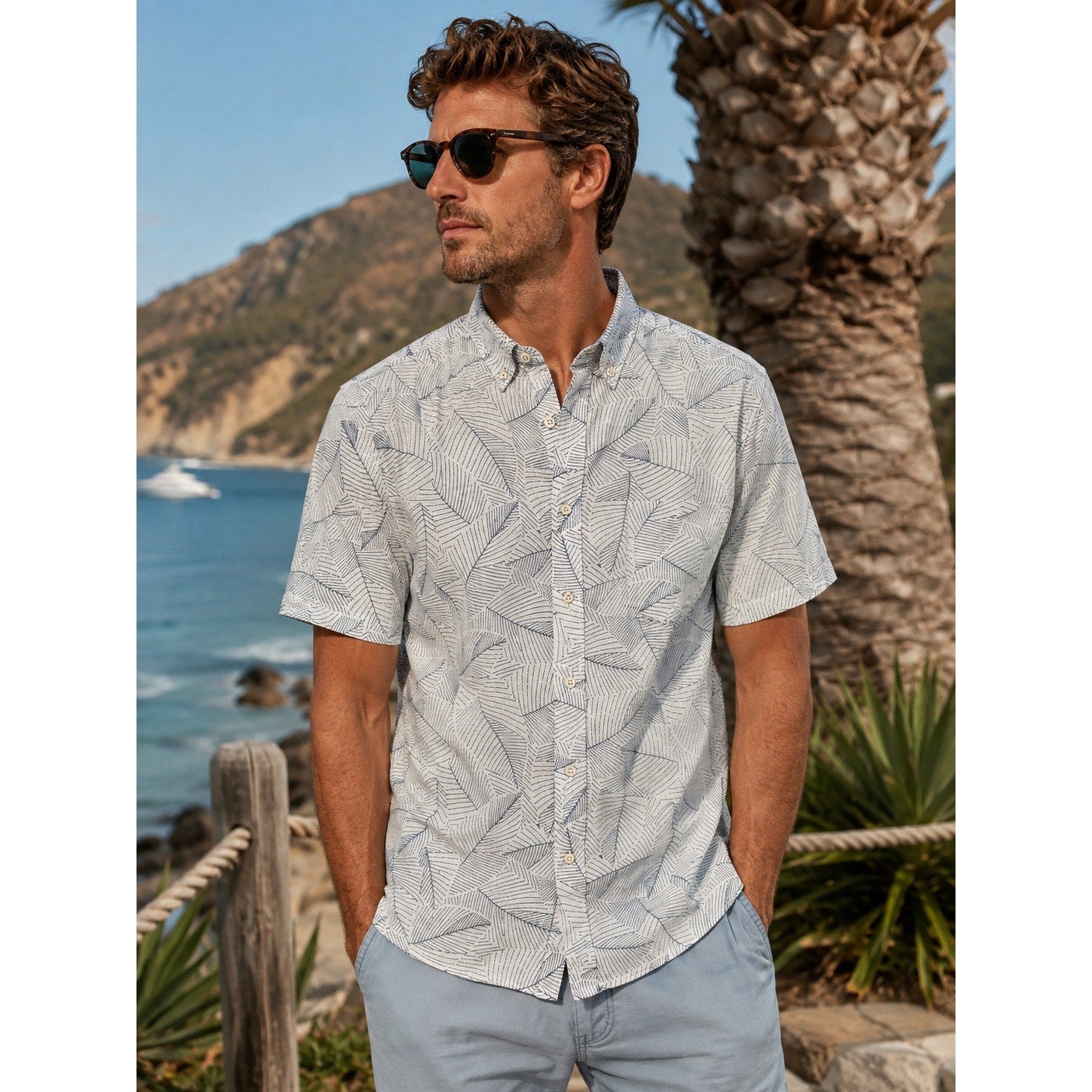 Faherty Ivory Leaf Short Sleeve Sport Shirt in Ivory, Navy — Size Medium // Preowned