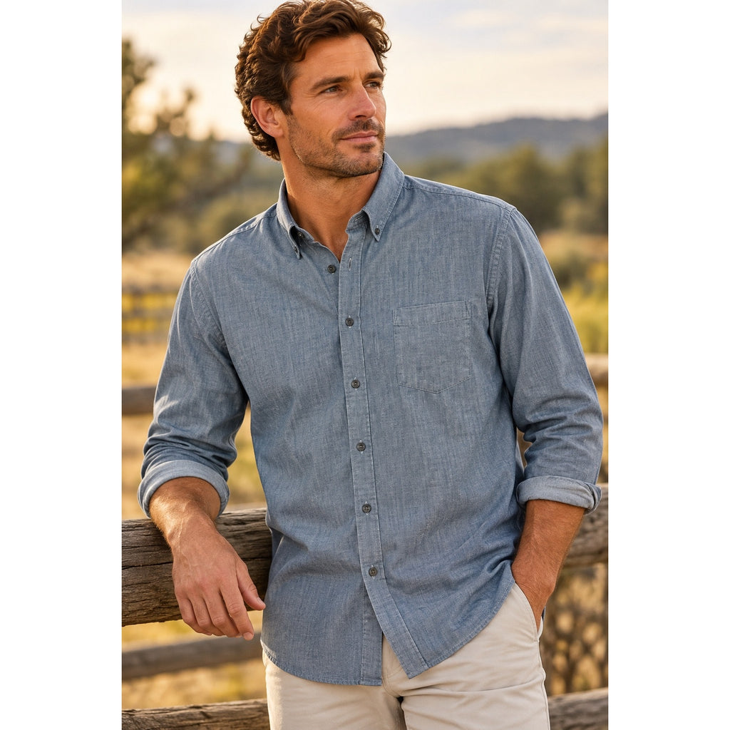 Peter Millar Tamworth Chambray Stretch Cotton Sport Long Sleeve Button Down Shirt — Size 2XT // Preowned