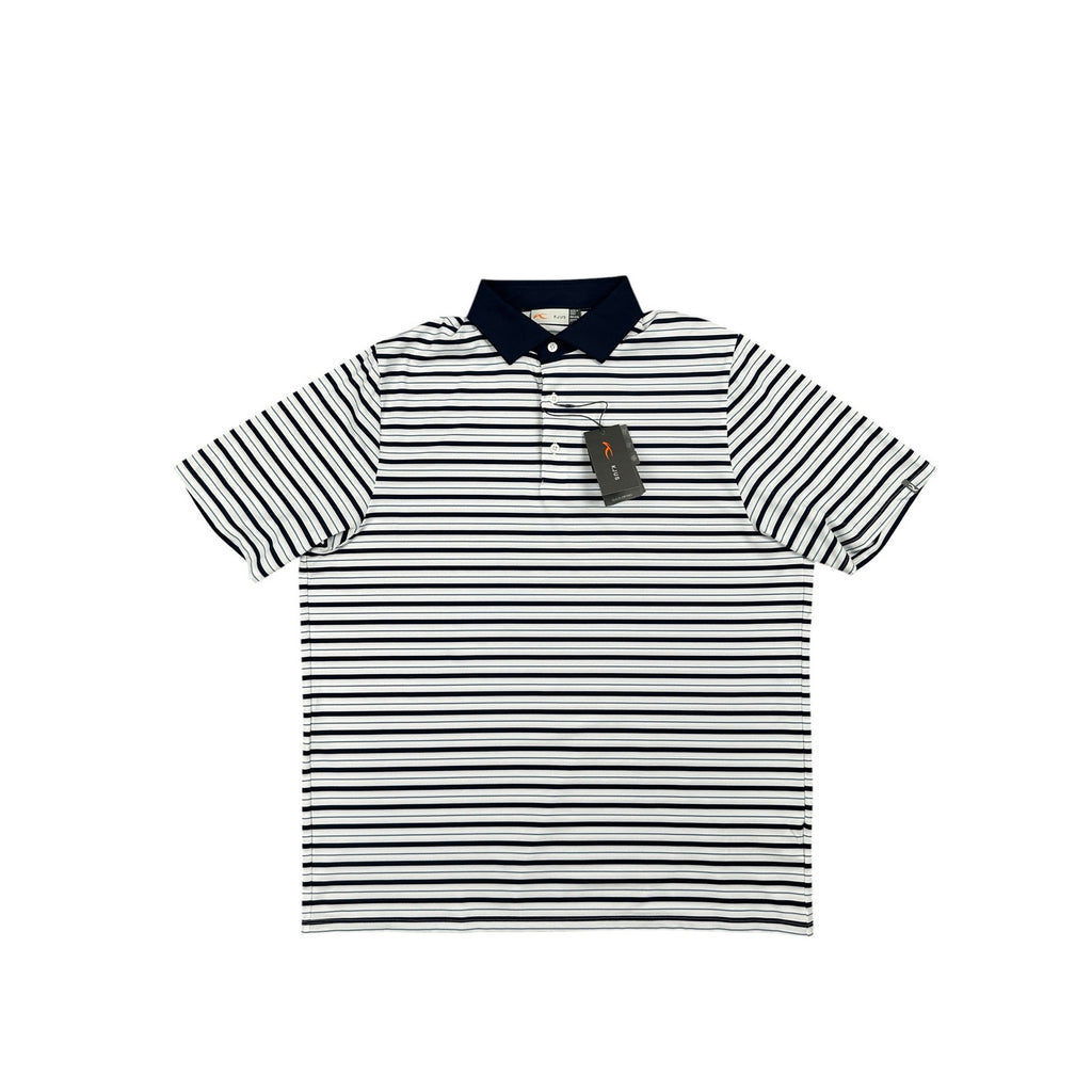 KJUS Luis Multi Stripe Comfort Fit Performance Polo in White, Navy, Slate Blue — Size 56 (2XL)