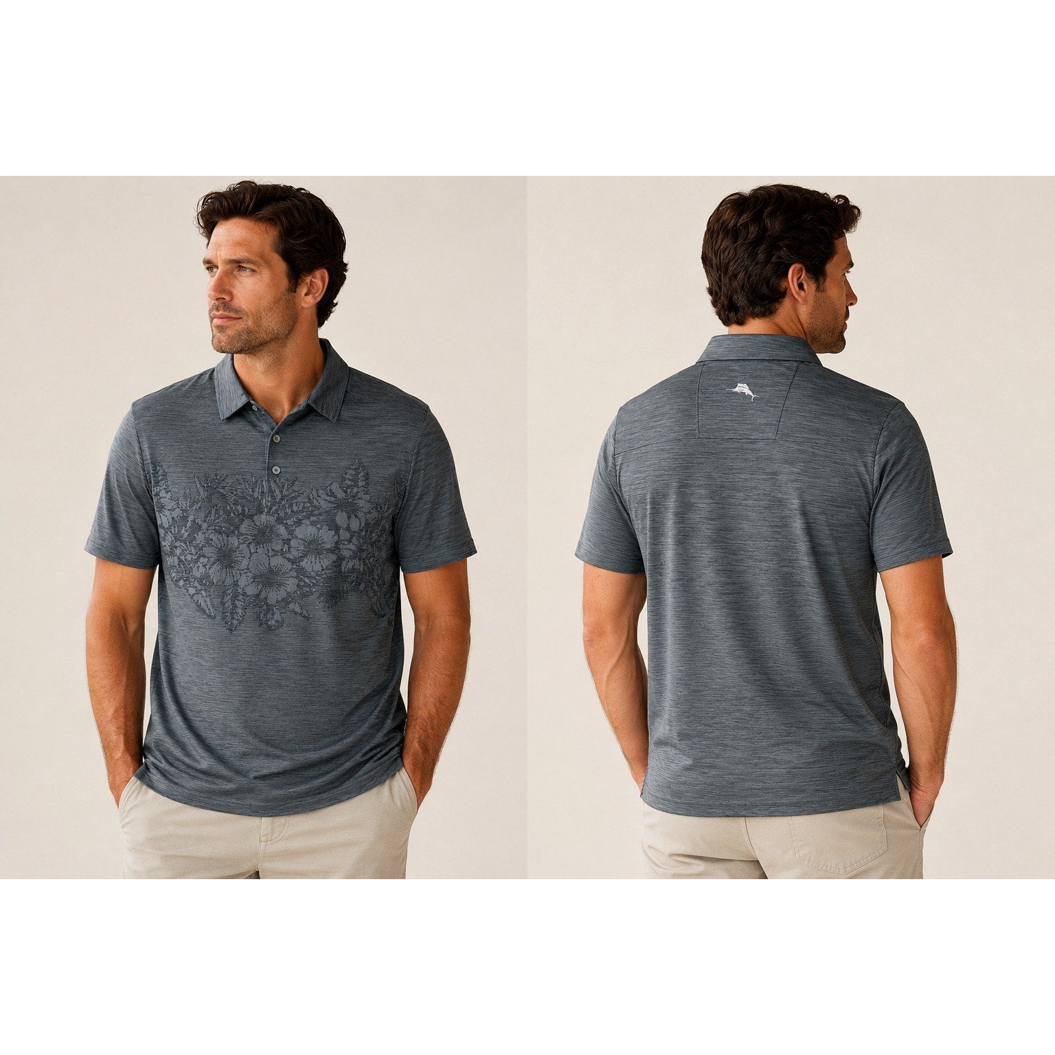 Tommy Bahama Island Zone Palm Coast Hibiscus Border Polo in Coal — Size Large