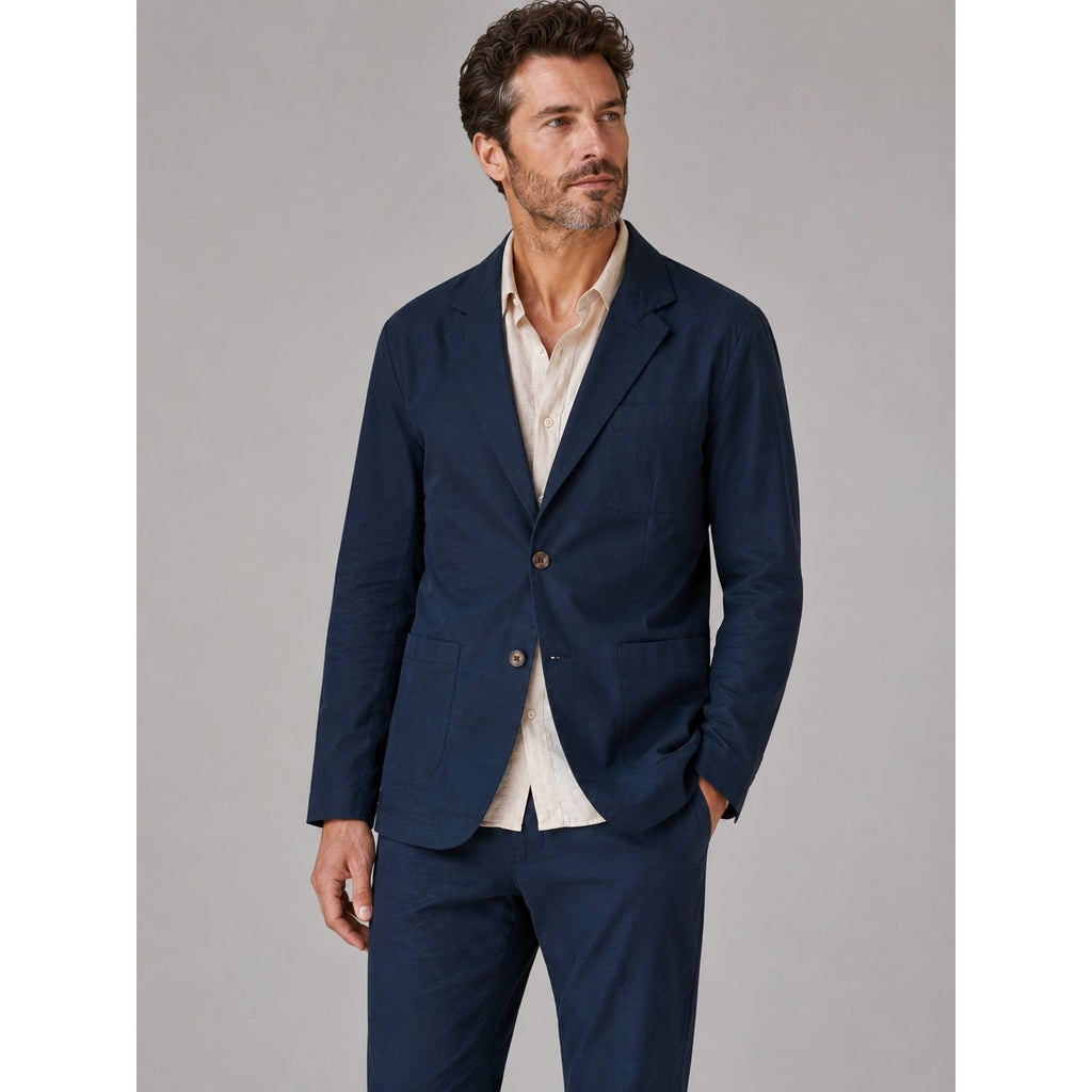 Ike Behar Unstructured Suit in Dark Navy Cotton Linen Spandex — Size Medium