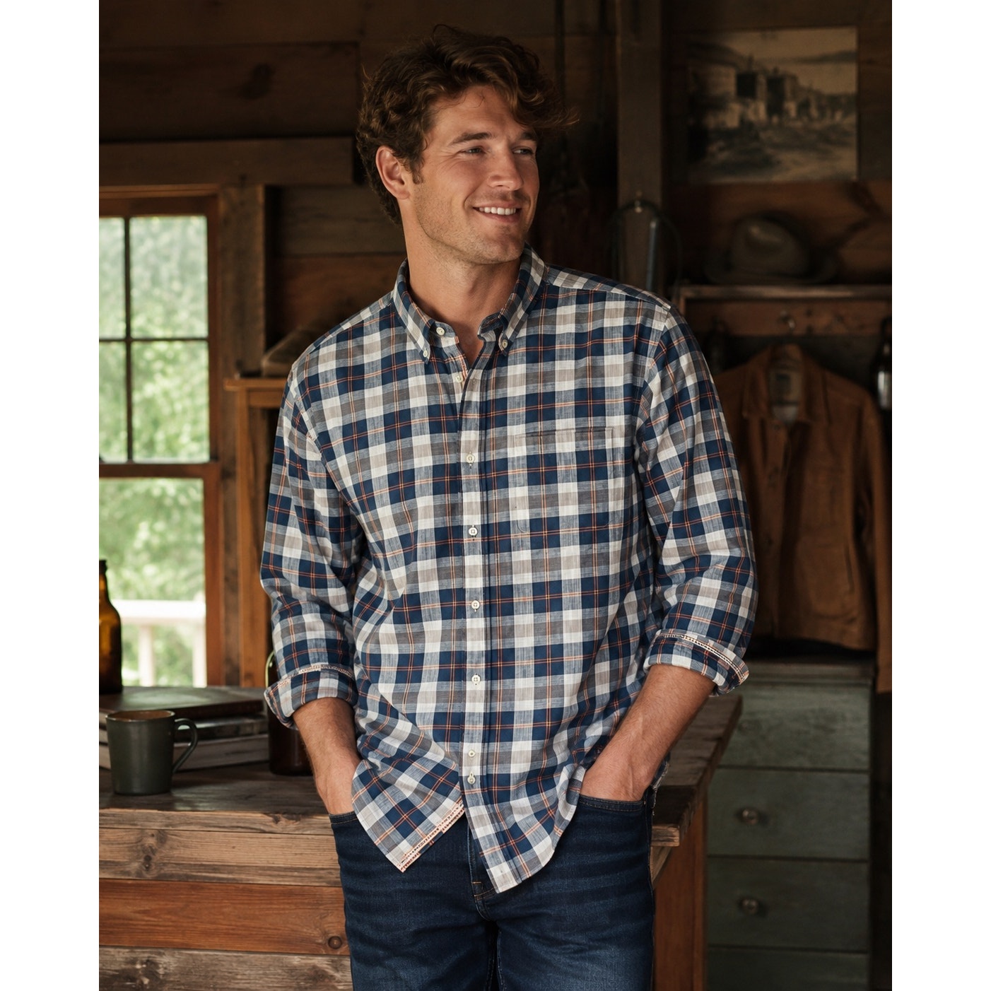 The Normal Brand Plaid Long Sleeve Button Down in Navy Orange Brown and White — Size XL // Preowned