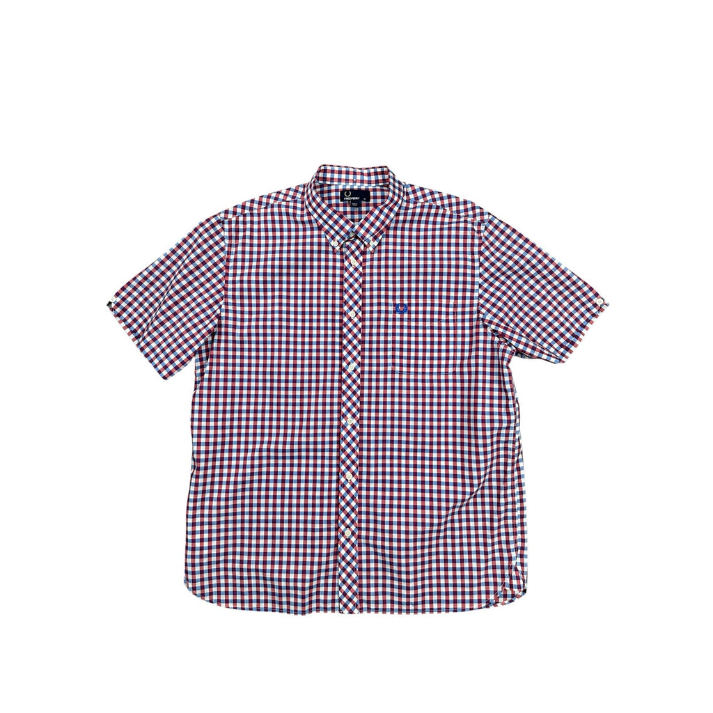 Fred Perry Gingham Short Sleeve Button Down in Dark Red Blue White — Size XL // Preowned