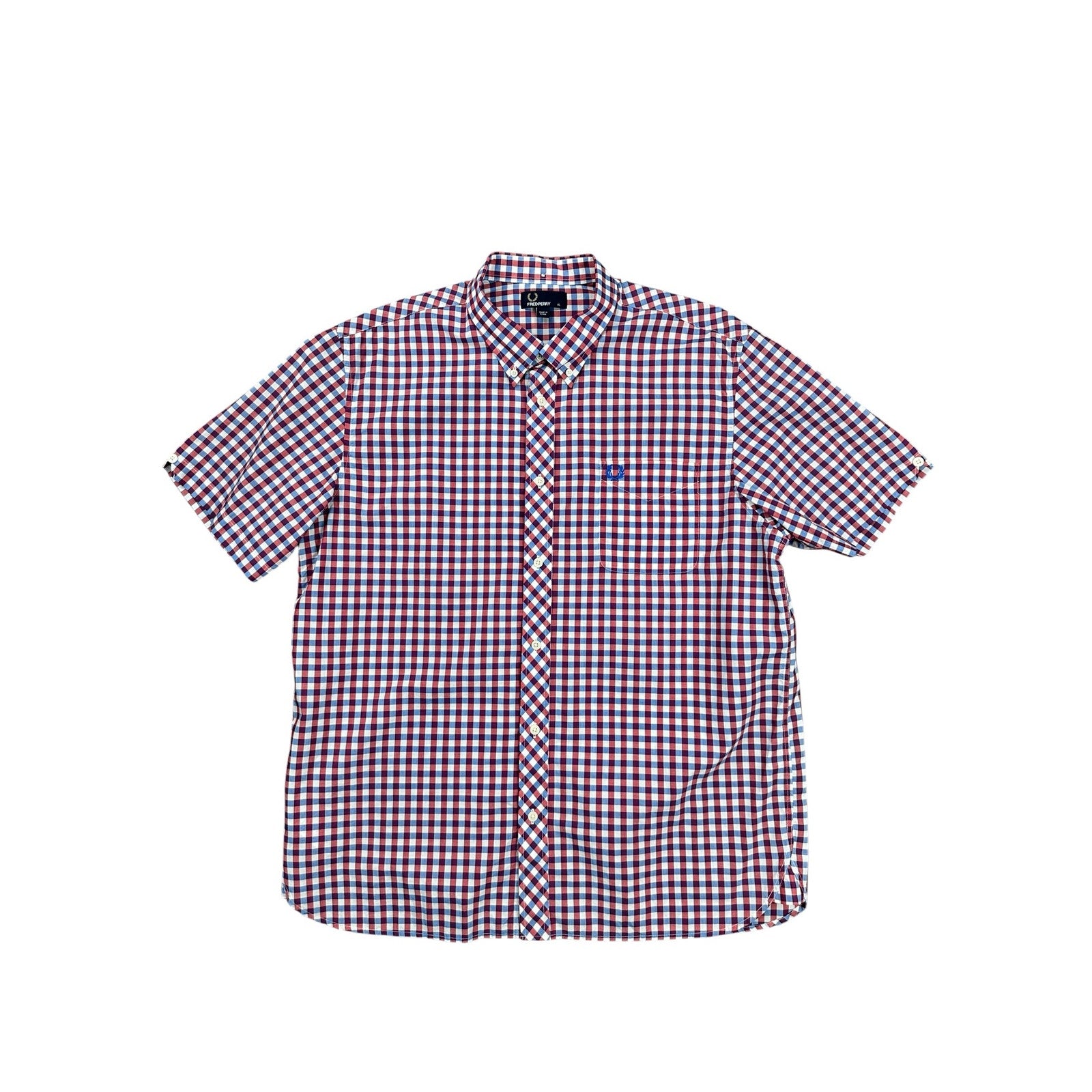 Fred Perry Gingham Short Sleeve Button Down in Dark Red Blue White — Size XL // Preowned