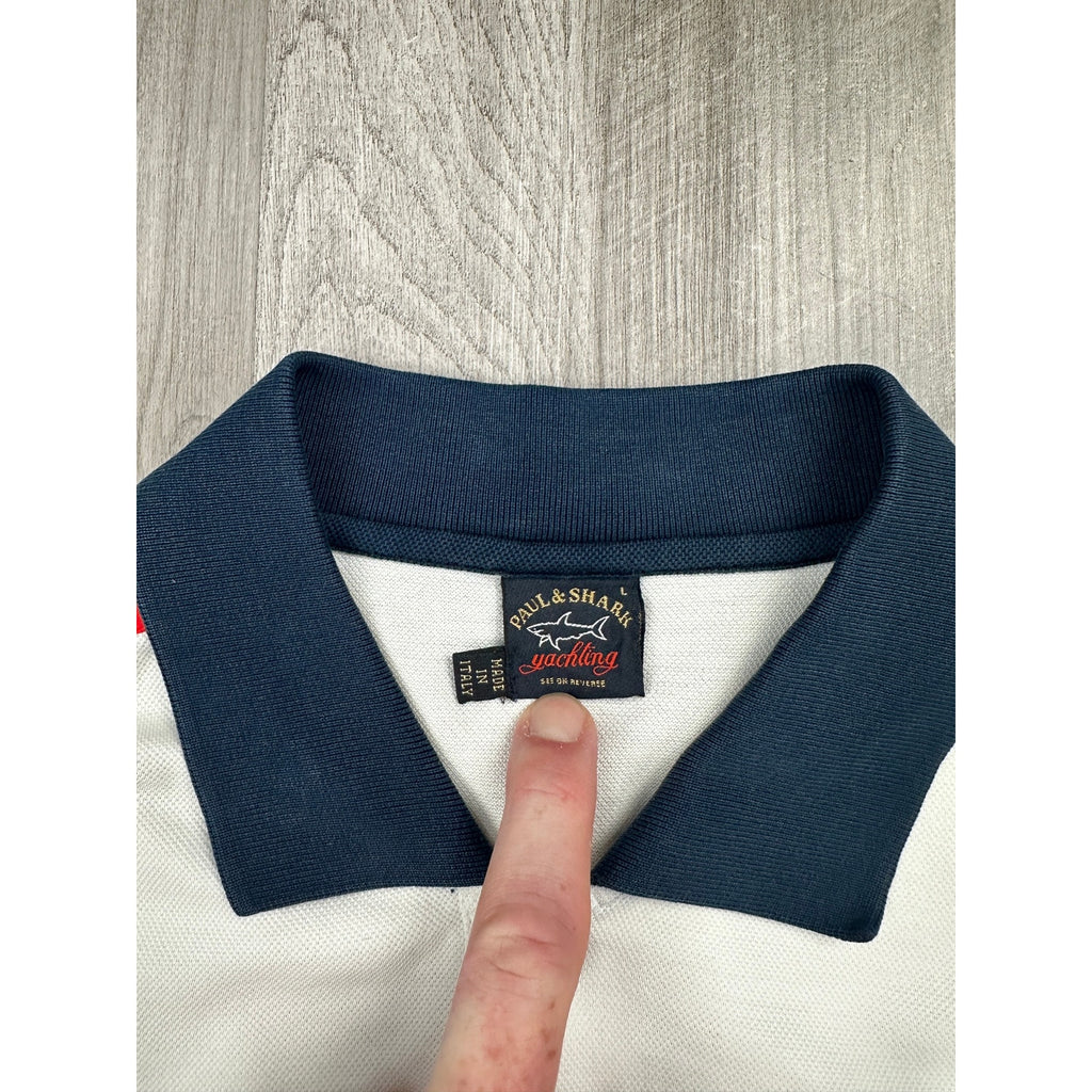 Paul & Shark Yachting Made in Italy Vintage Rainbow Stripe Collar Polo in White with Rainbow — Size Large // Preowned