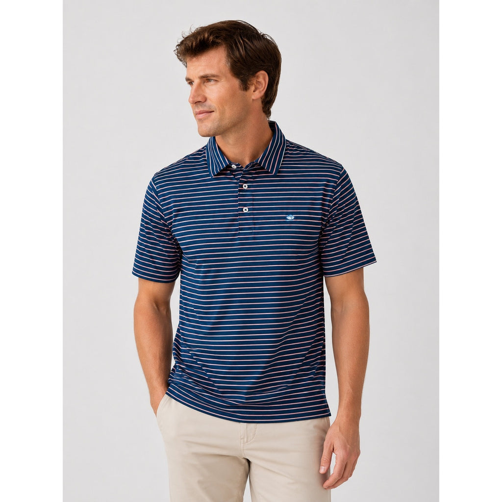 Southern Tide Driver Performance Stretch Striped Polo in Navy Coral White — Size Large