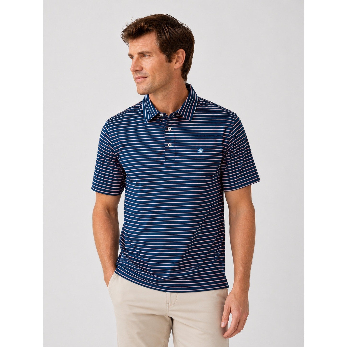 Southern Tide Driver Performance Stretch Striped Polo in Navy Coral White — Size Large