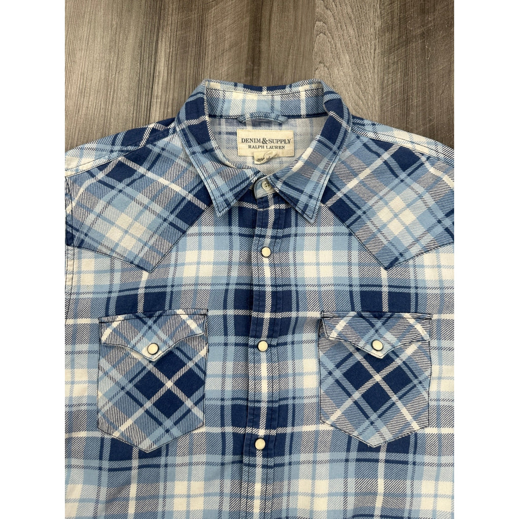 Ralph Lauren Denim and Supply Flannel Plaid Long Sleeve Pearl Snap Button Down in Blue Light Blue White — Size Large // Preowned