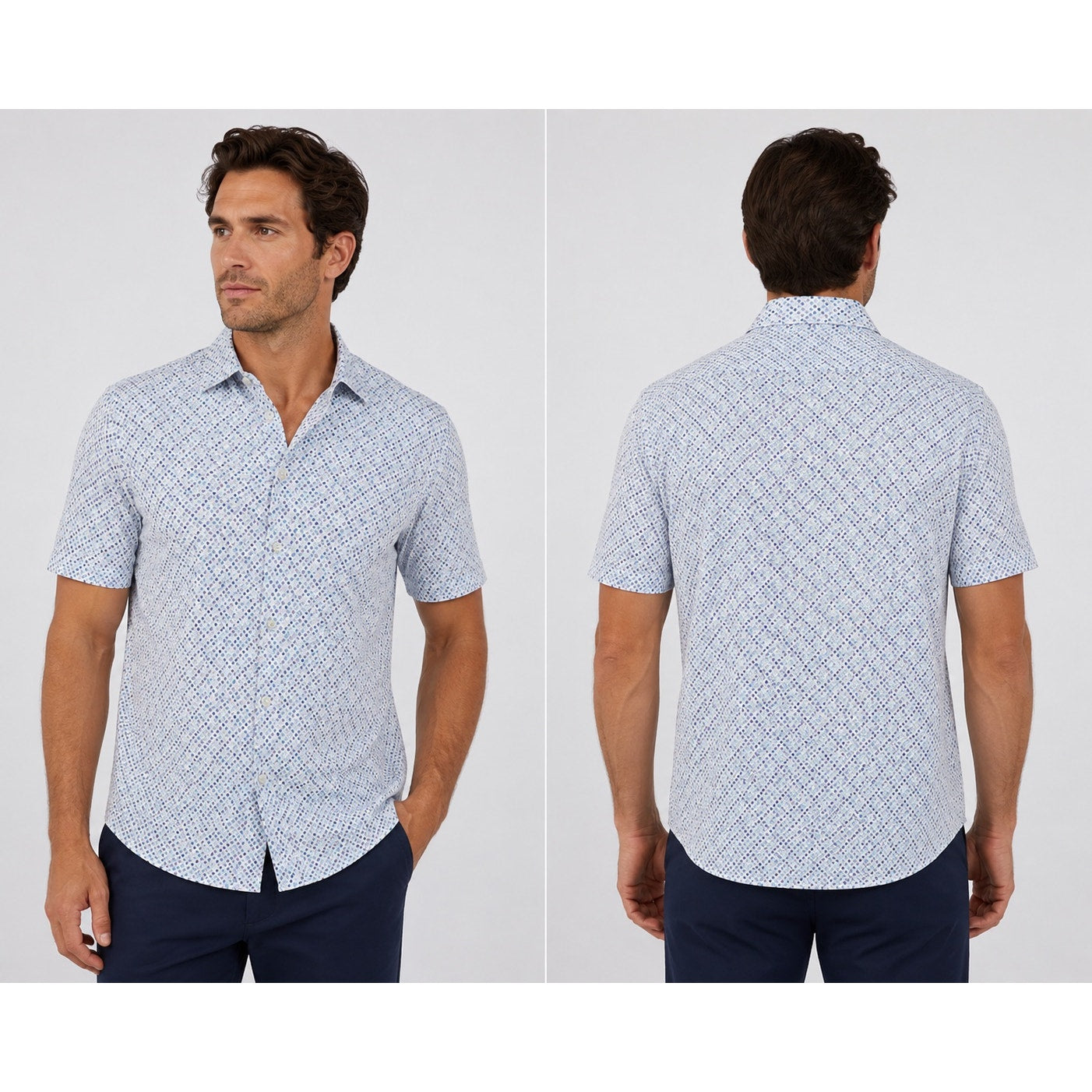 Bugatchi Miles Dot OoohCotton 8 Way Stretch Short Sleeve Shirt in Stone, Purple, Blue — Size Small