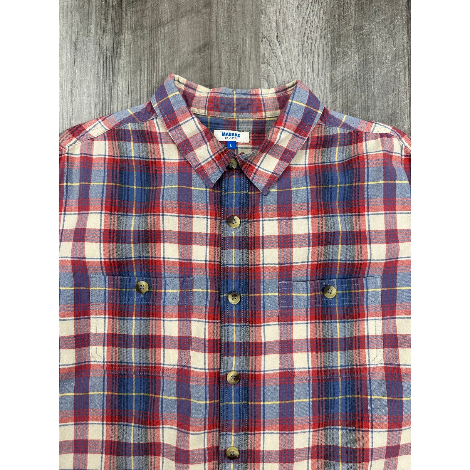 A.P.C. Madras Plaid Short Sleeve Button Down Shirt in Blue Red Ivory Yellow — Size Large // Preowned