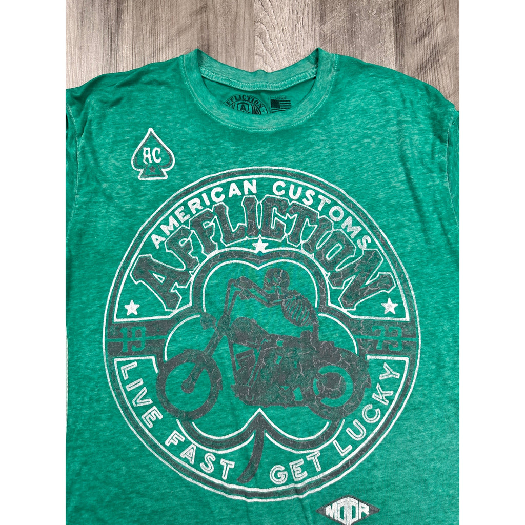 Affliction American Customs Live Fast Get Lucky Graphic Tee Green  — Size XL